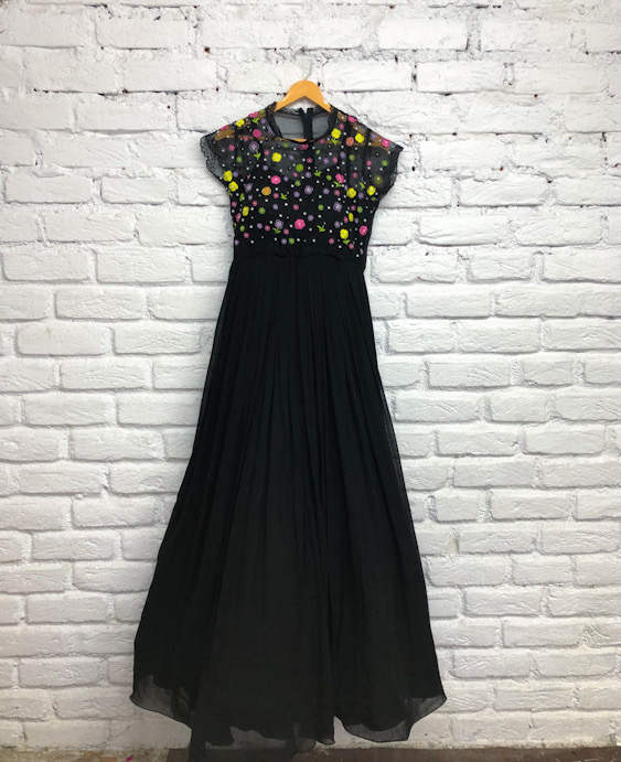 Black Pleated Gown with Embellished Bodice