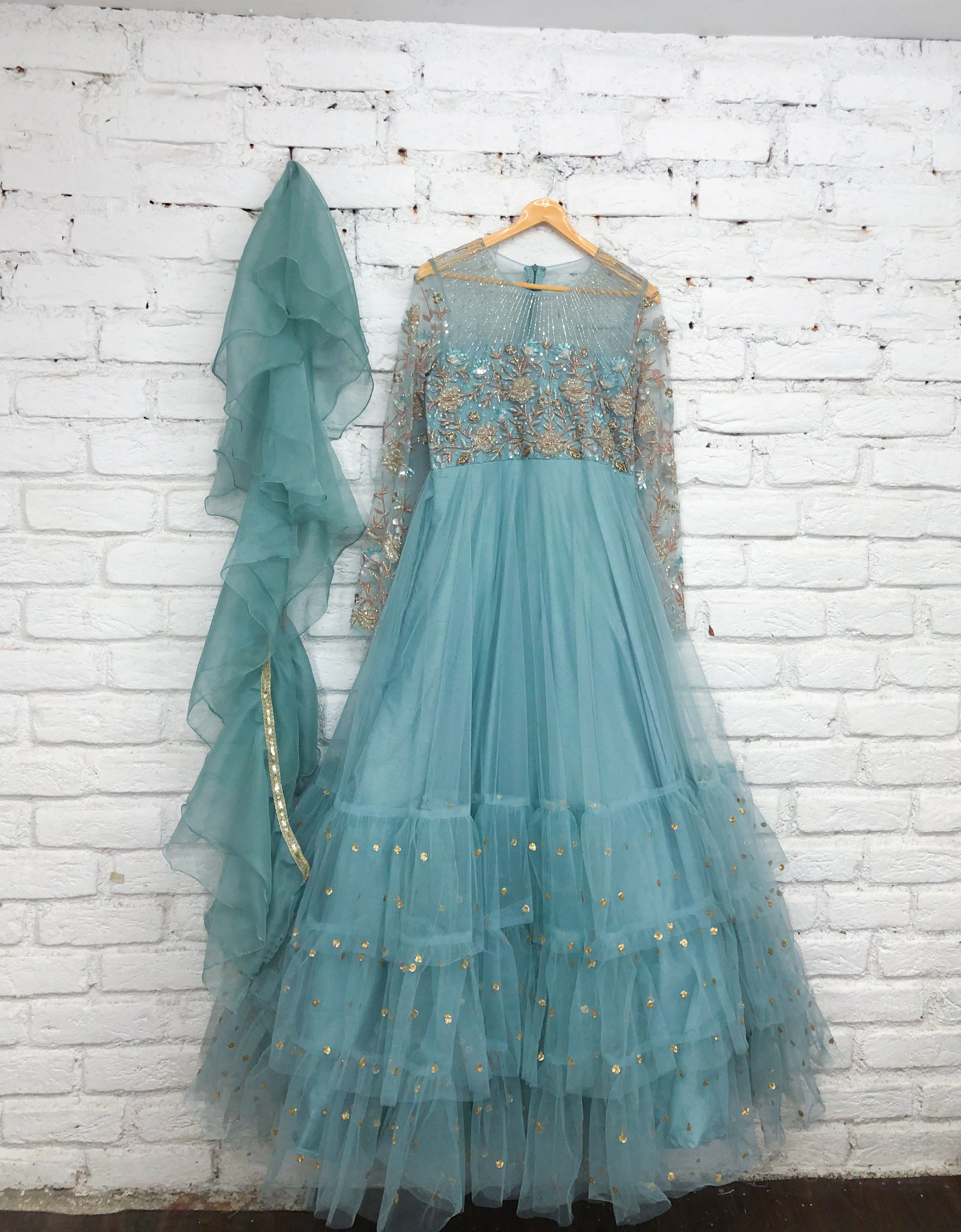 Aqua Blue Gown with Gold Accents
