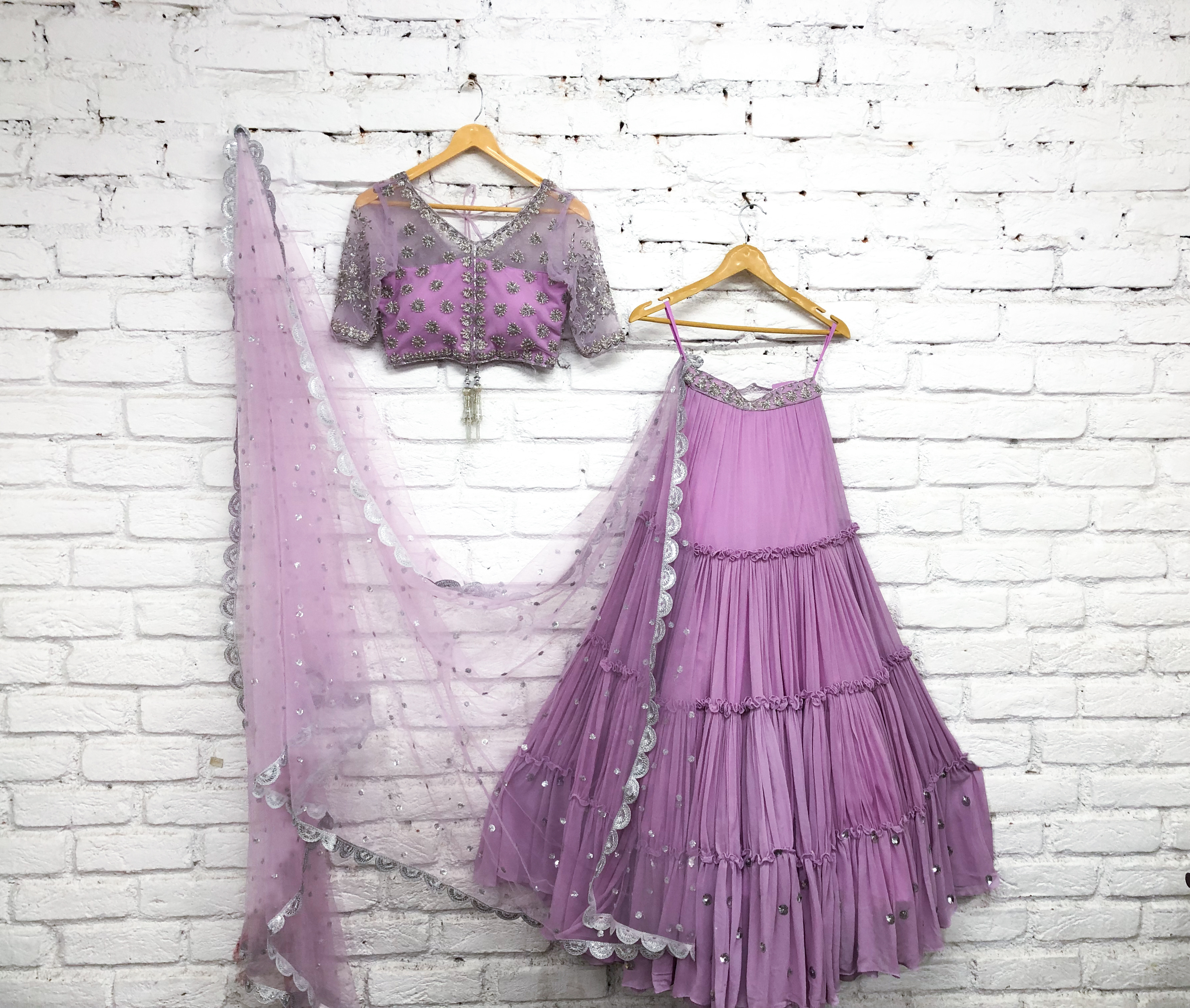 Elegant Lavender Lehenga with Tiered Skirt