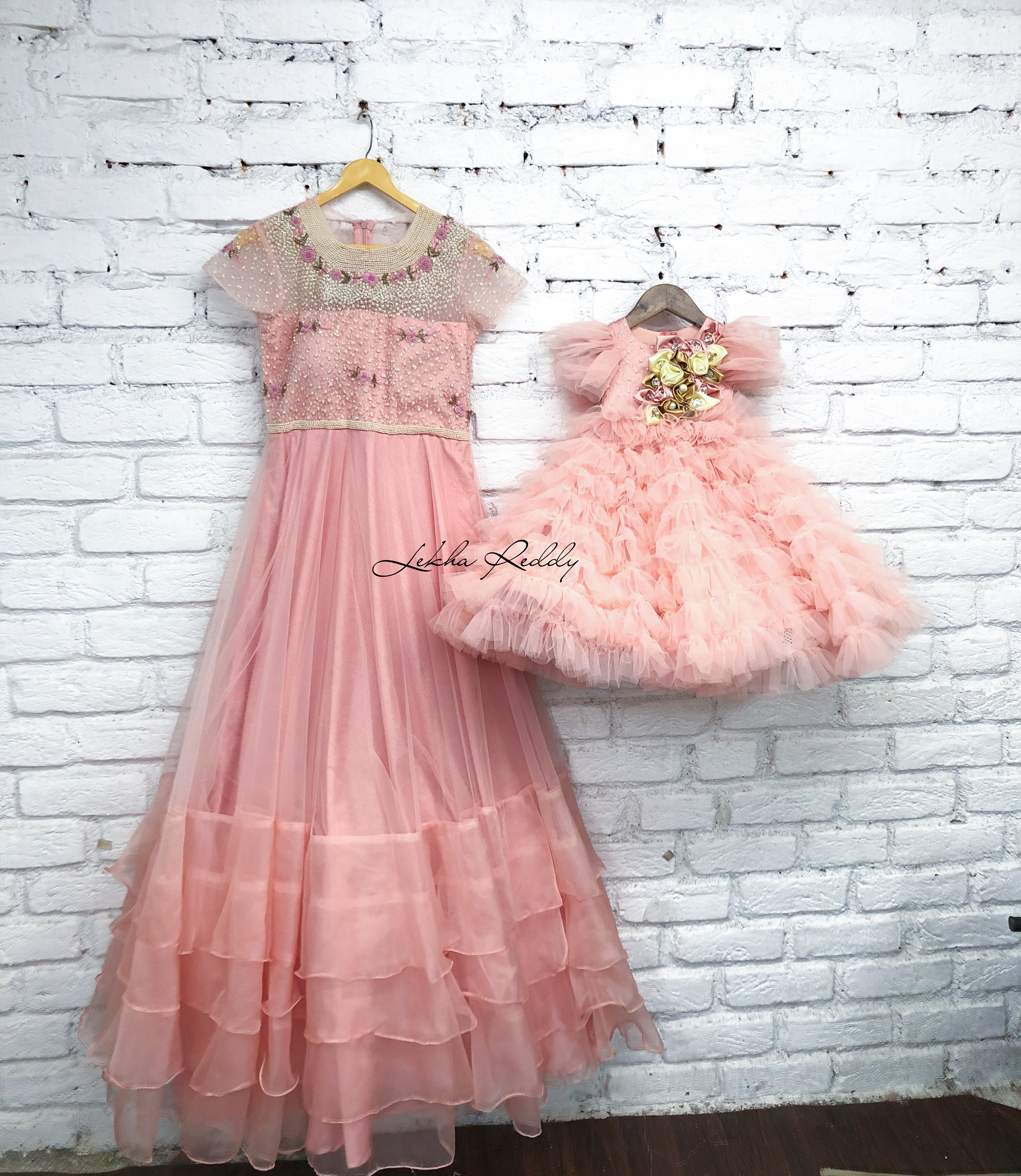 Peach Pink Mother-Daughter Gown Set