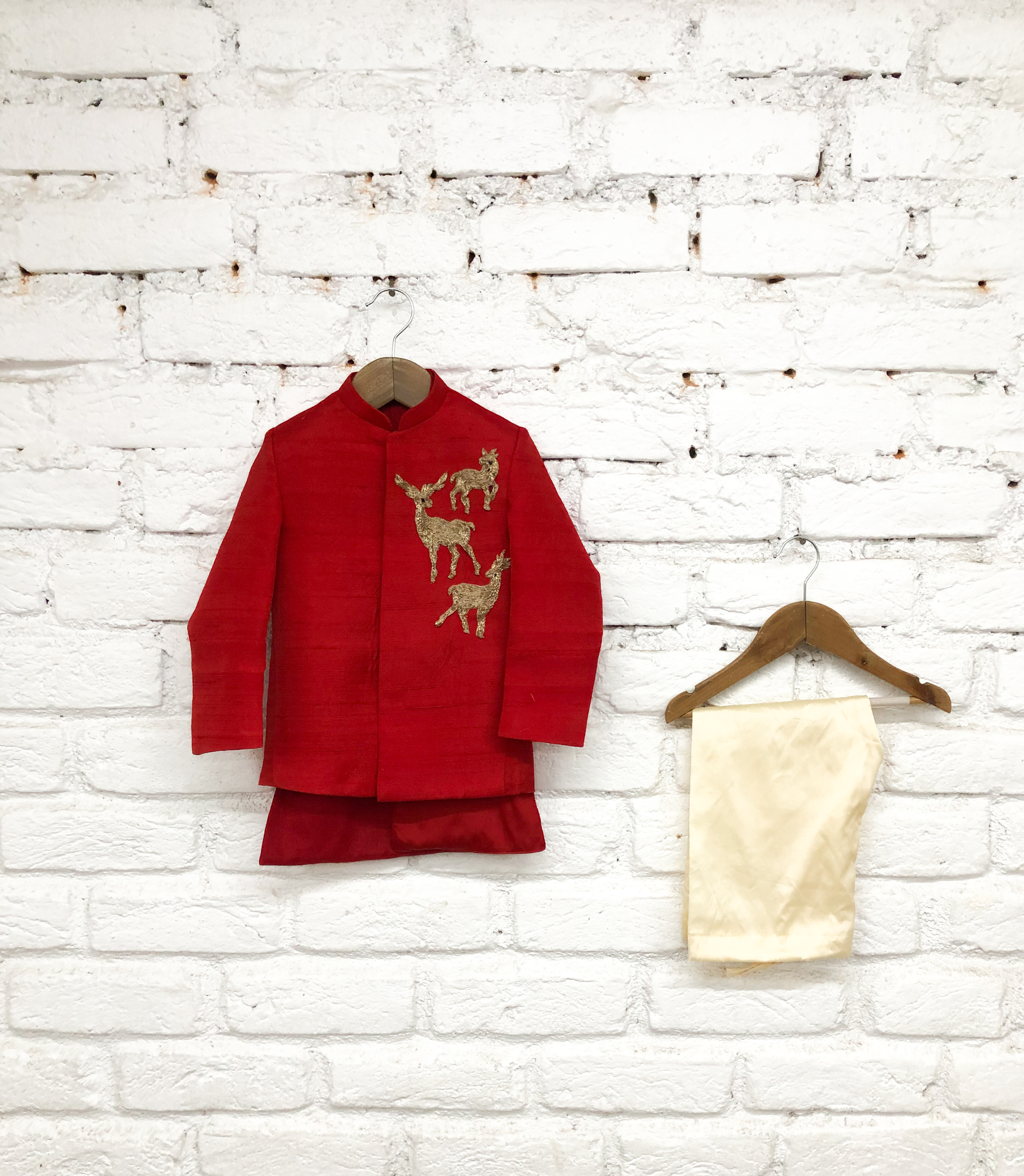 Ruby Red Kids' Sherwani with Deer Embroidery