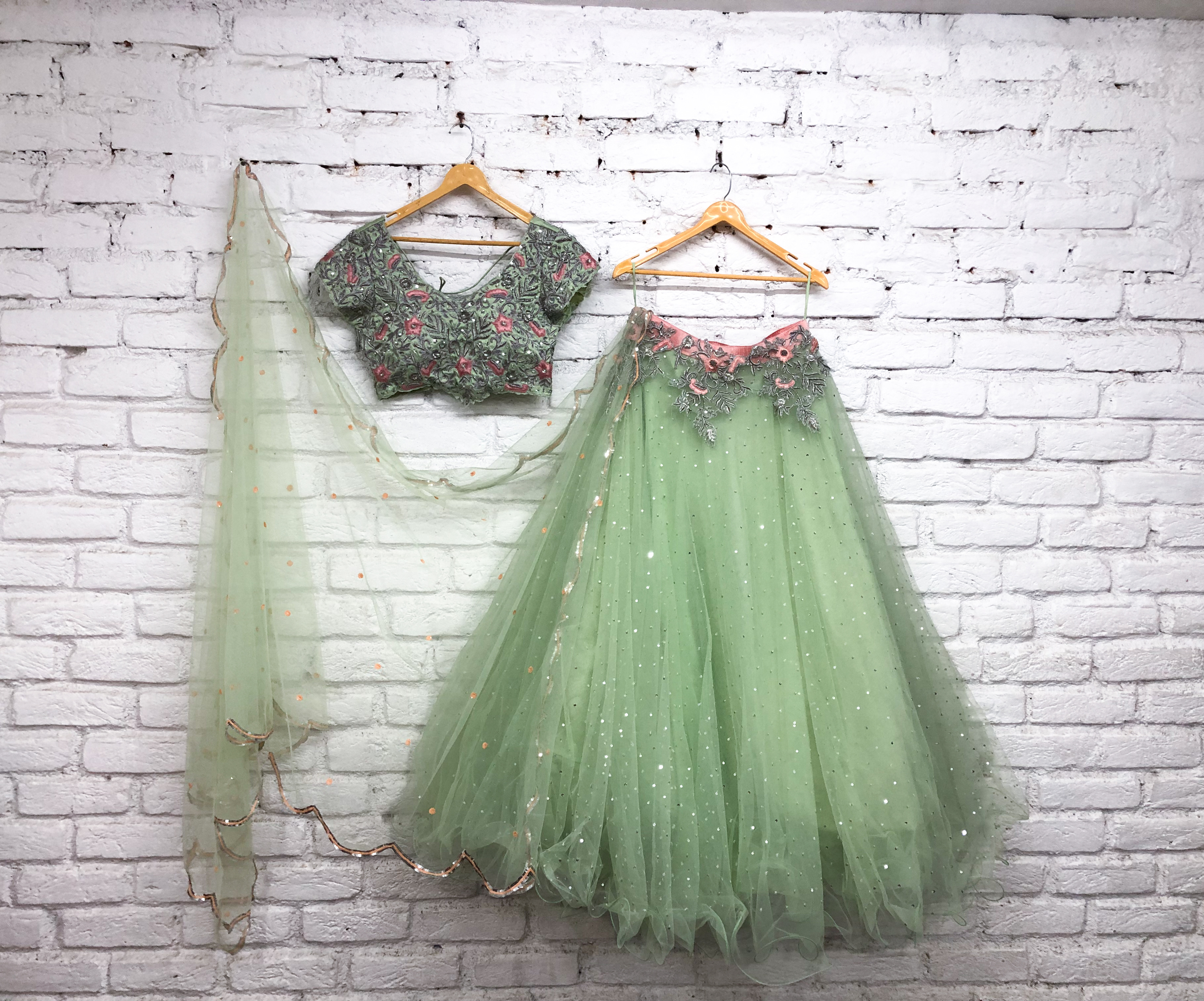Mint Green Lehenga with Floral Blouse