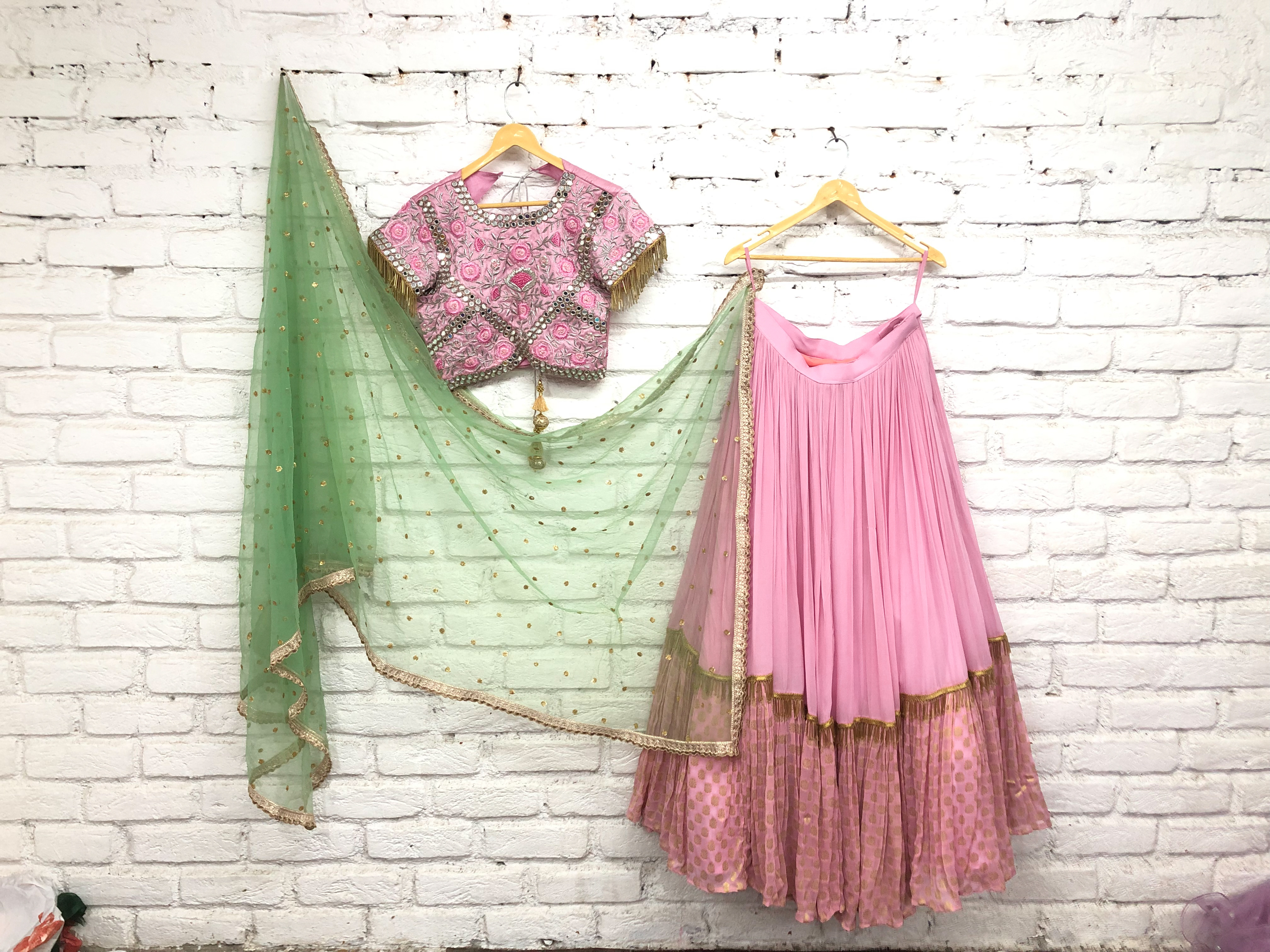 Rose Pink Lehenga with Mint Green Dupatta