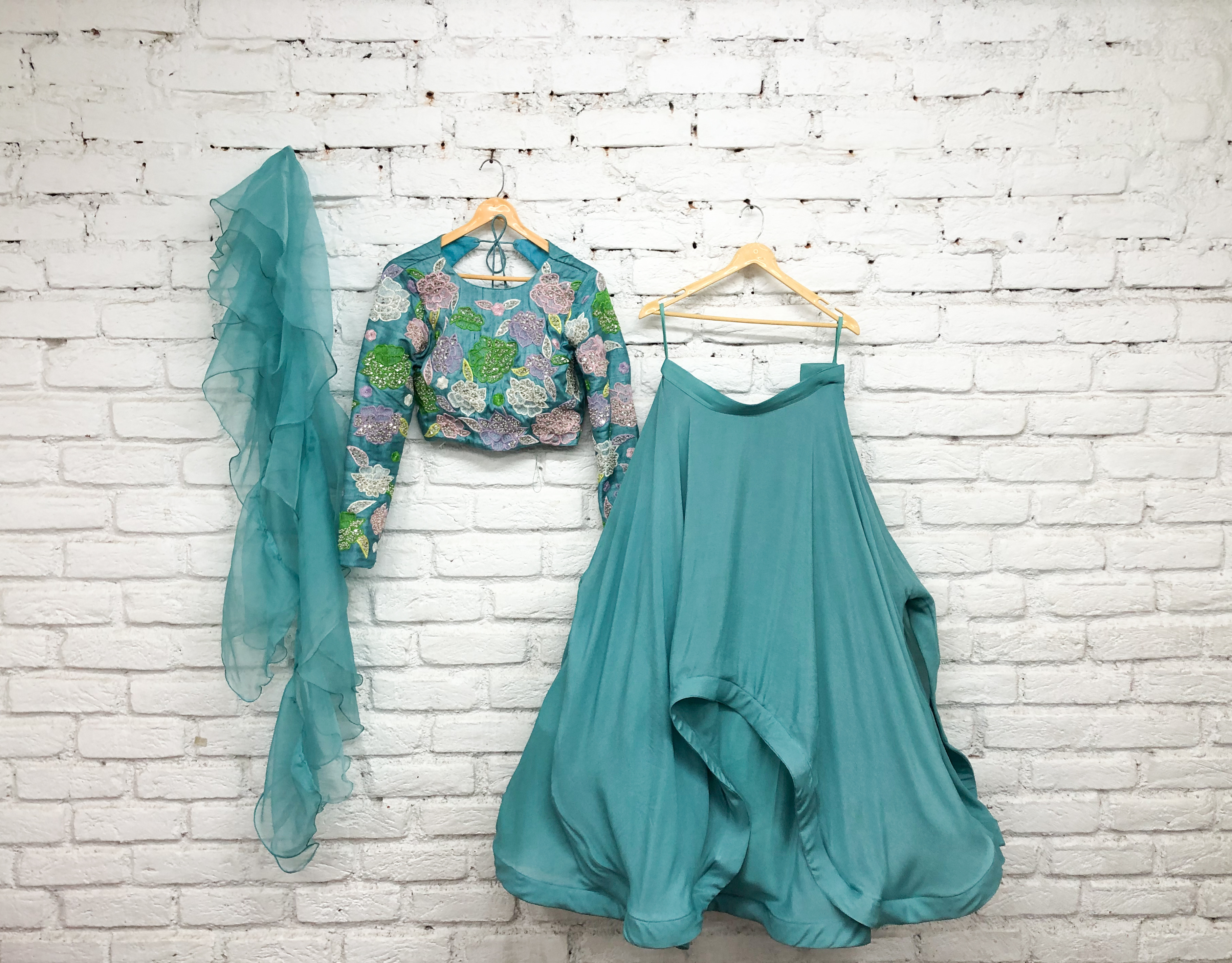 Teal Lehenga Set with Floral Blouse