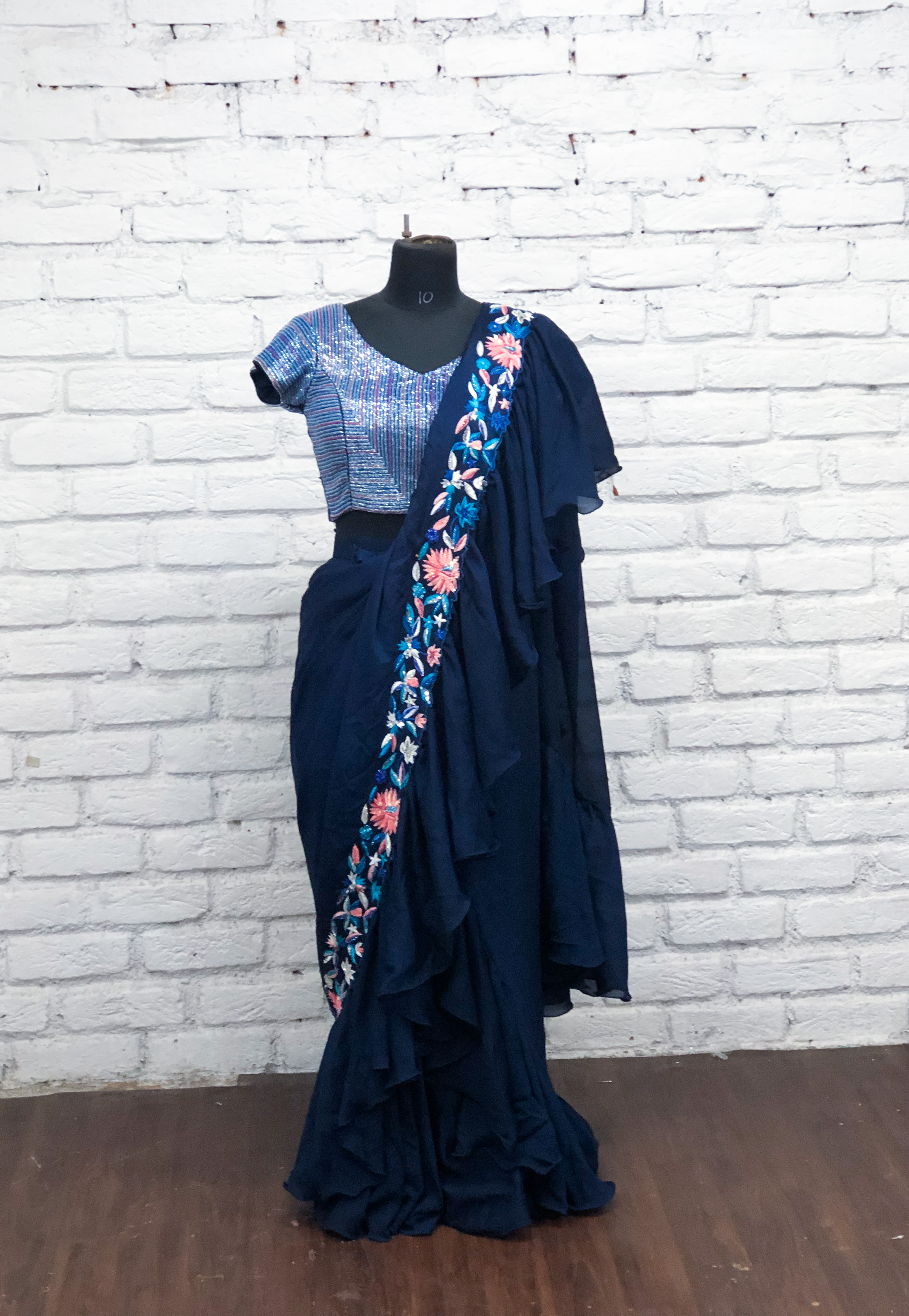 Navy Blue Ruffle Saree Gown