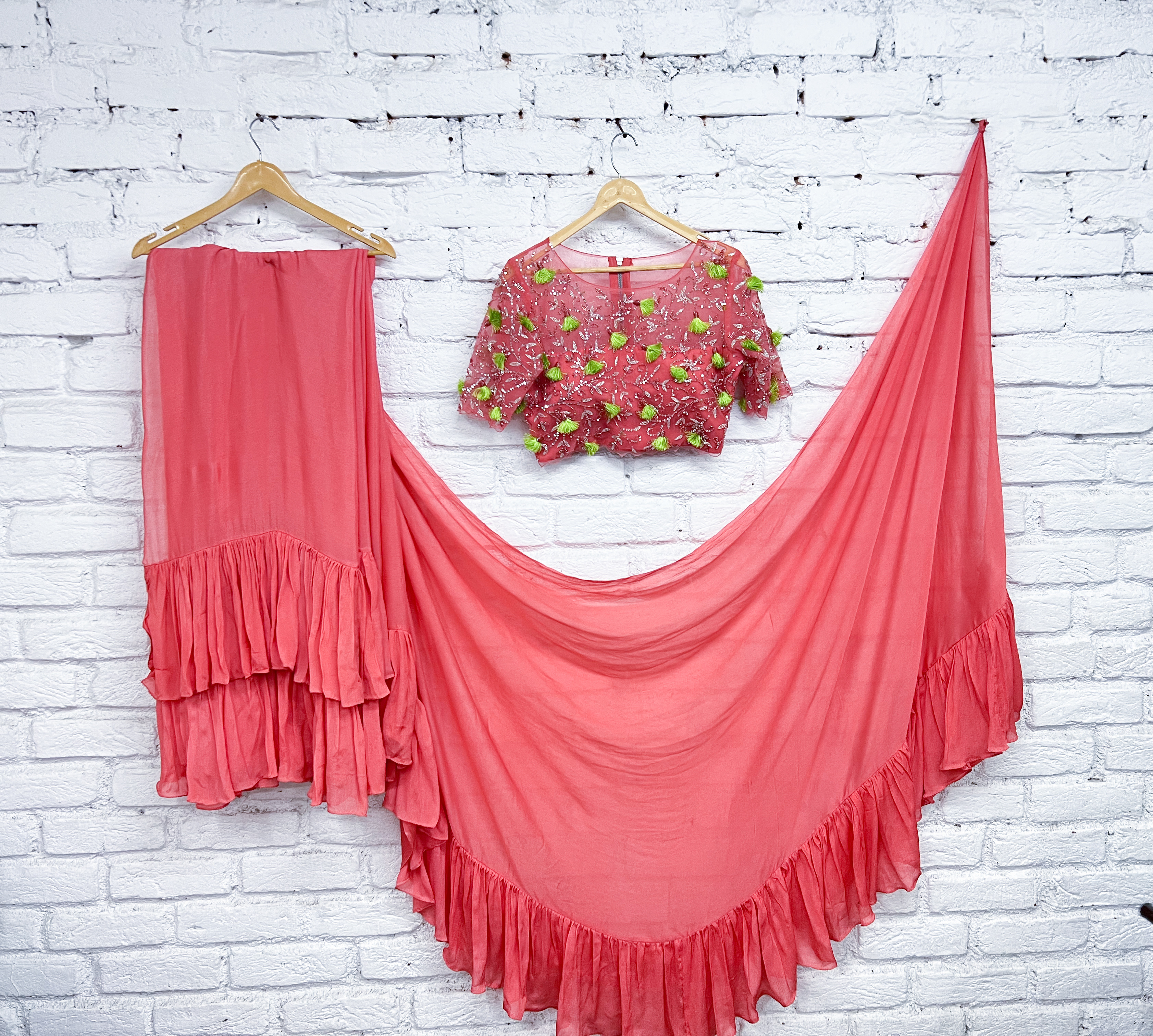 Coral Pink Ruffle Saree Set