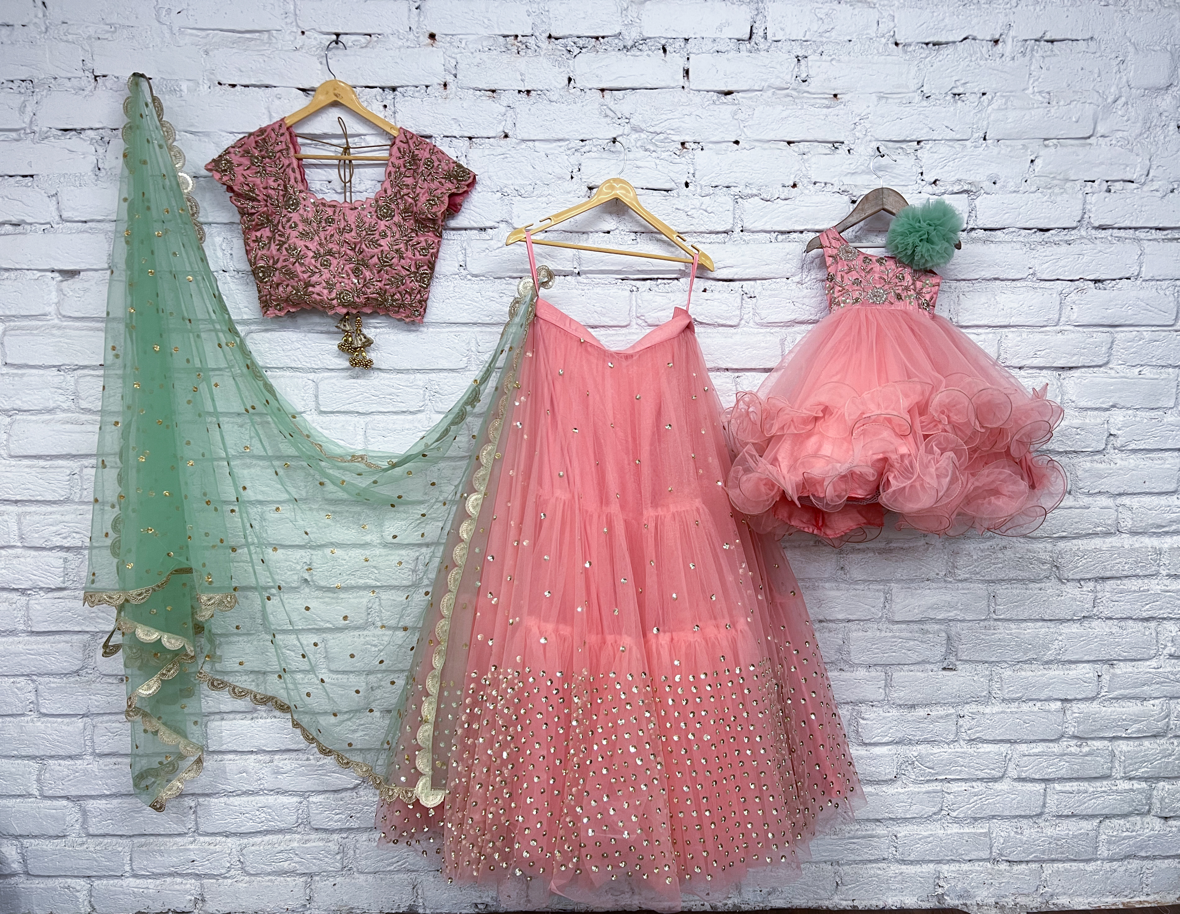 Peach and Mint Mother-Daughter Lehenga Set