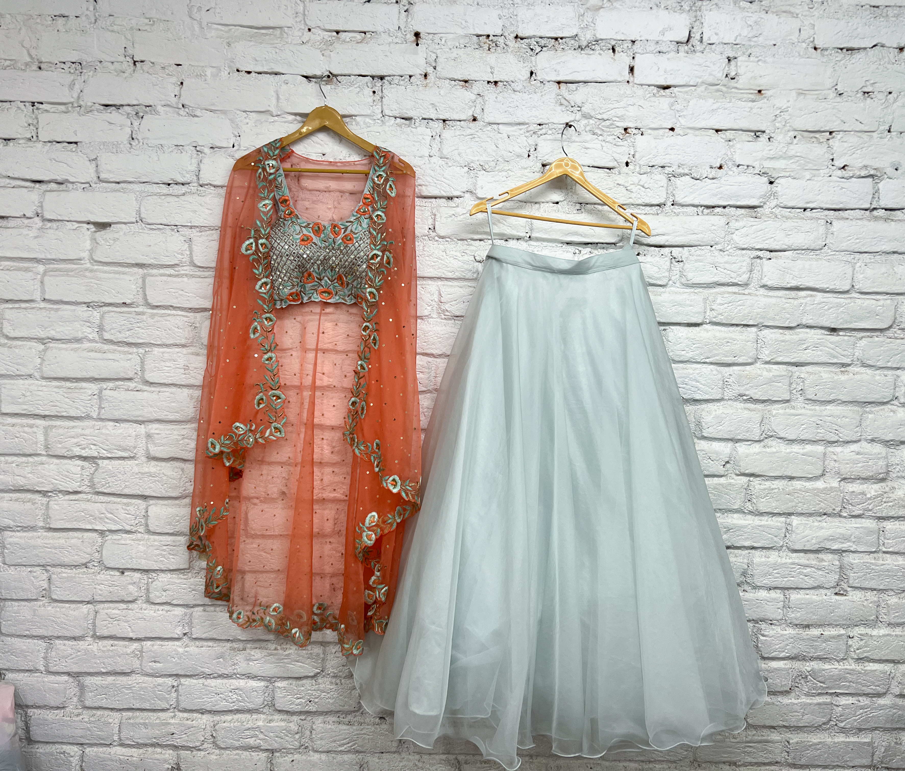 Pastel Mint and Peach Lehenga with Cape