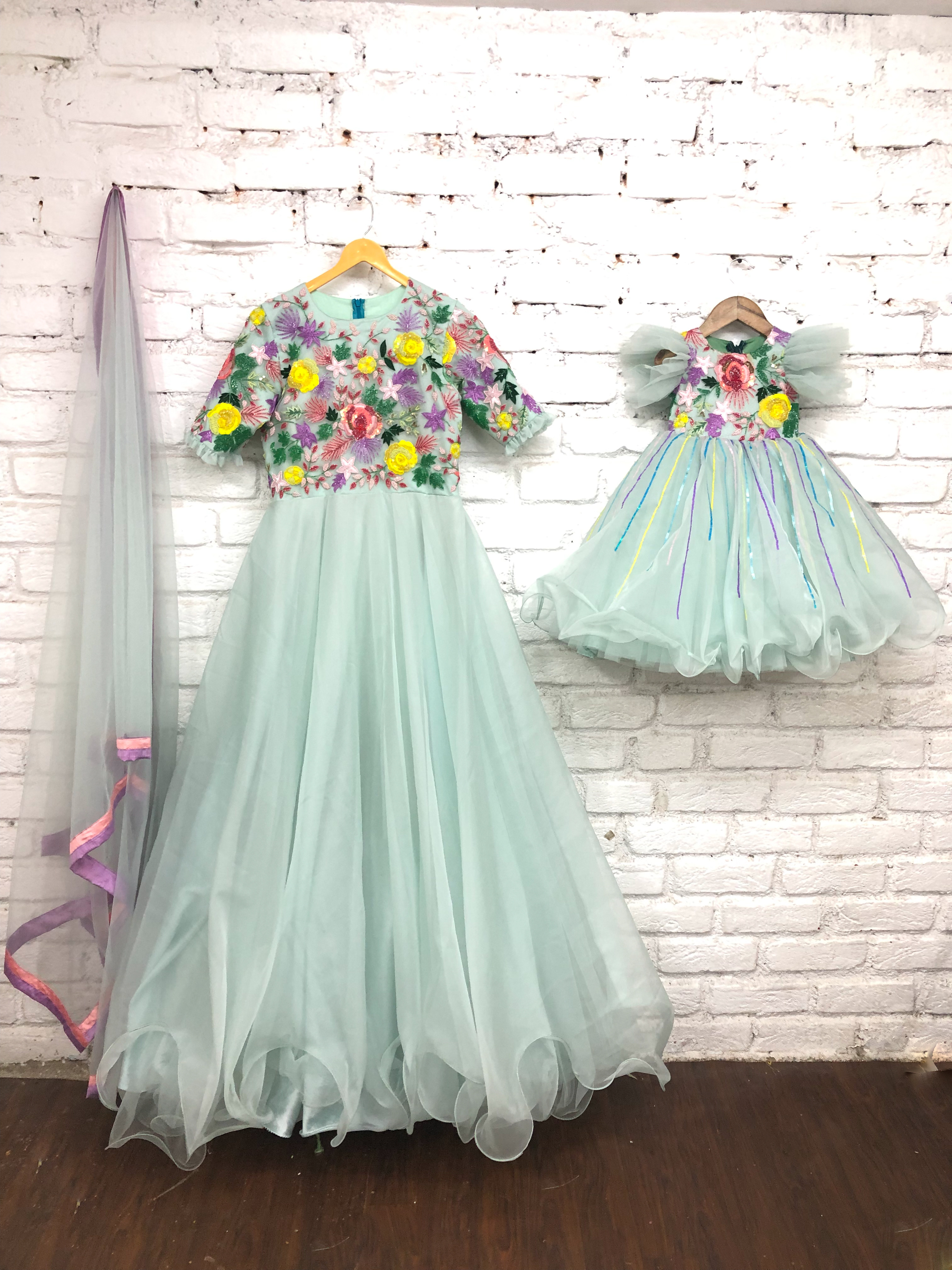 Aqua Floral Gown with Mother-Daughter Set