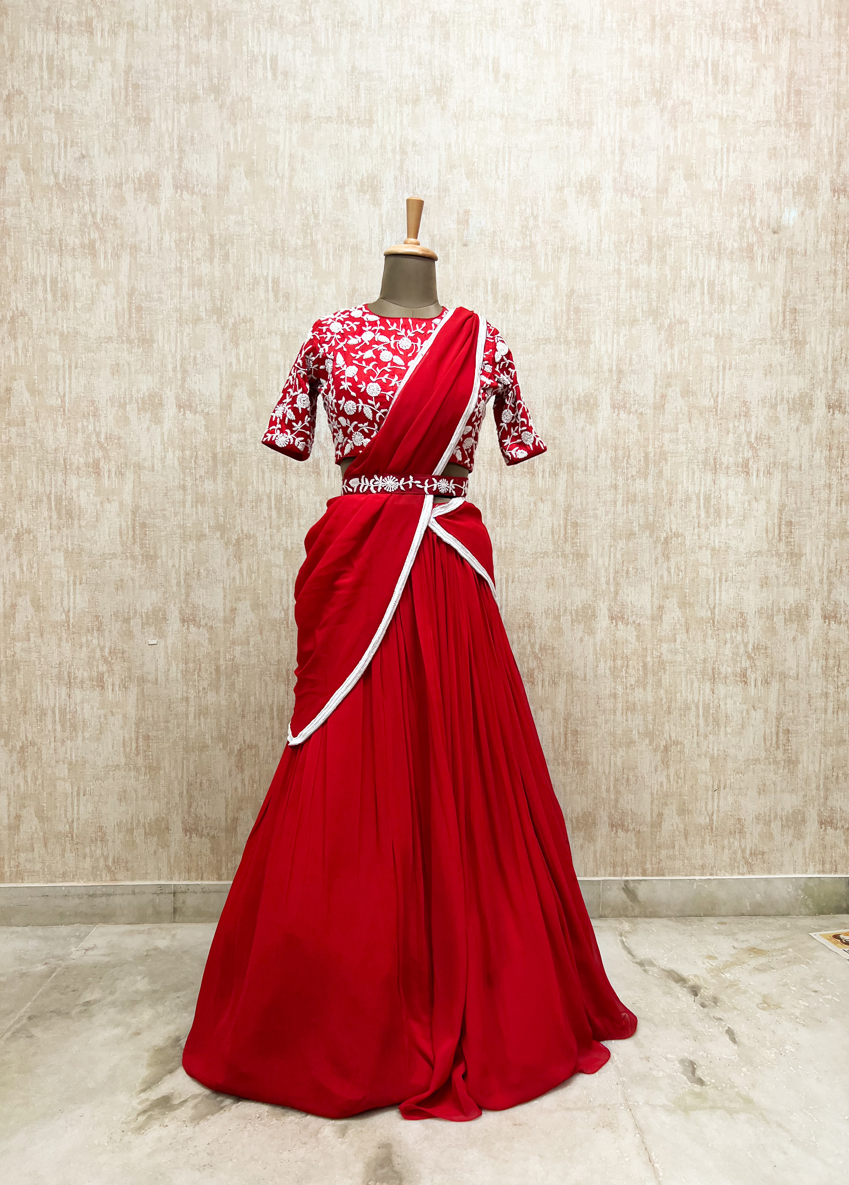 Ruby Red Georgette Gown with White Embroidery