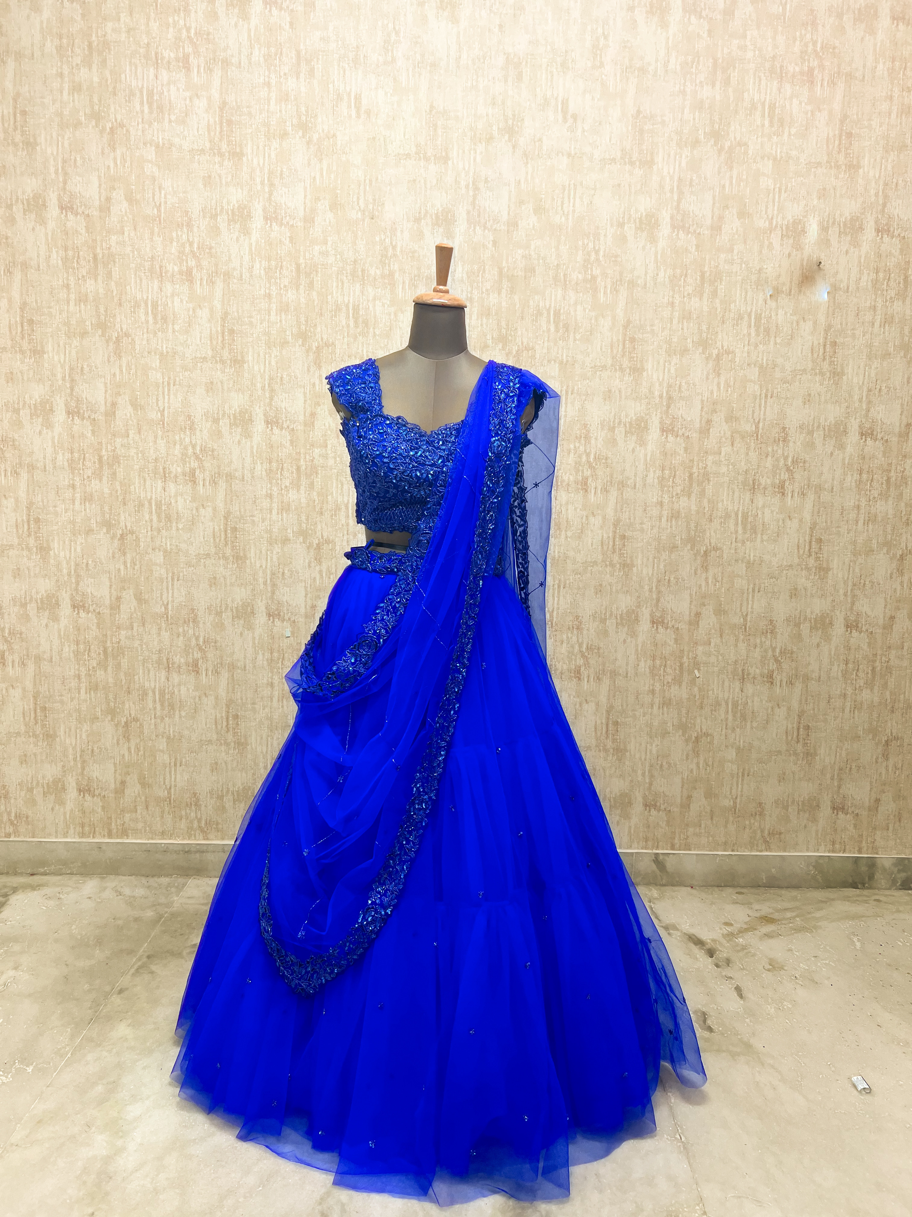 Royal blue net embroidered lehenga