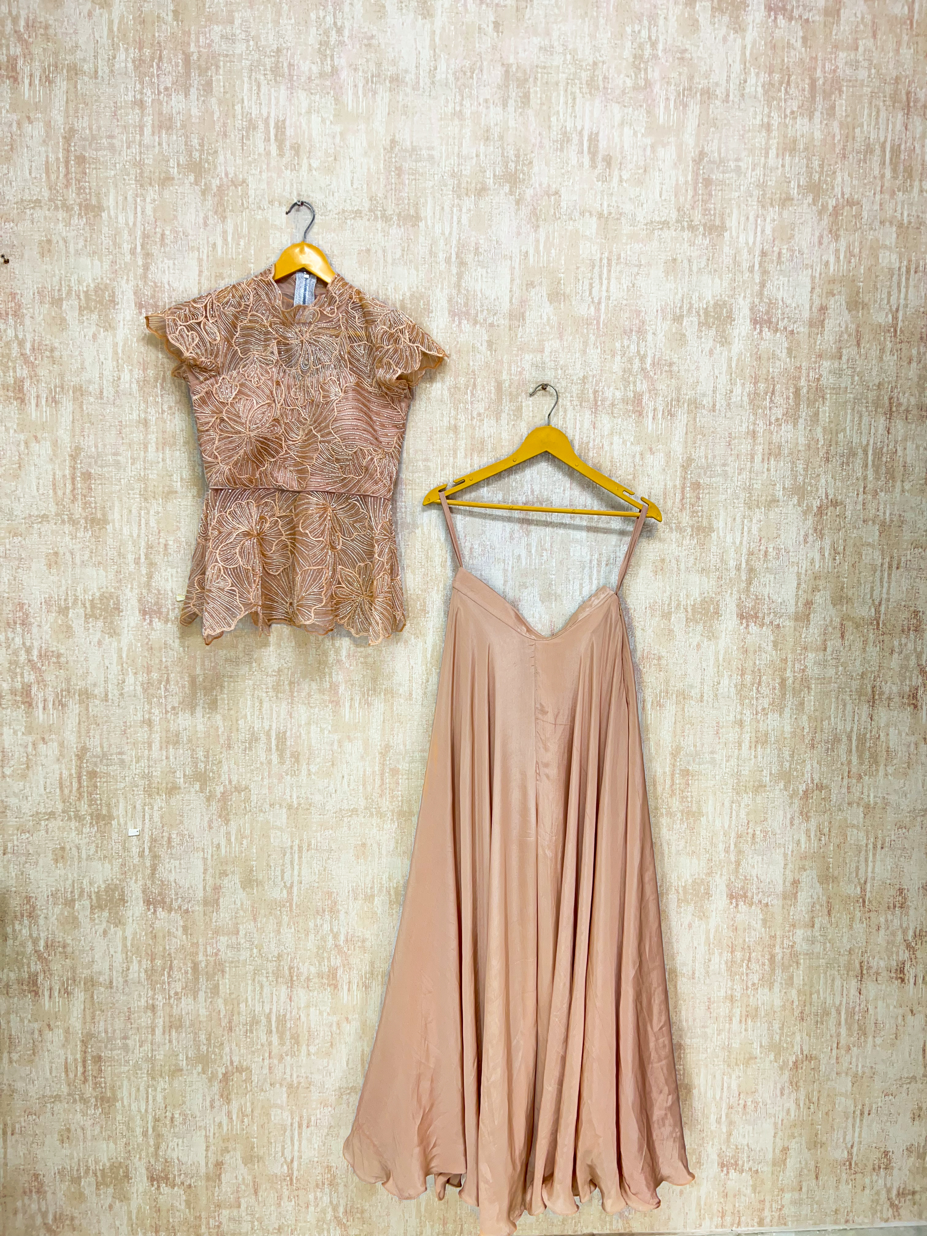 Peach Blossom Embroidered Net & Satin Co-Ord Set