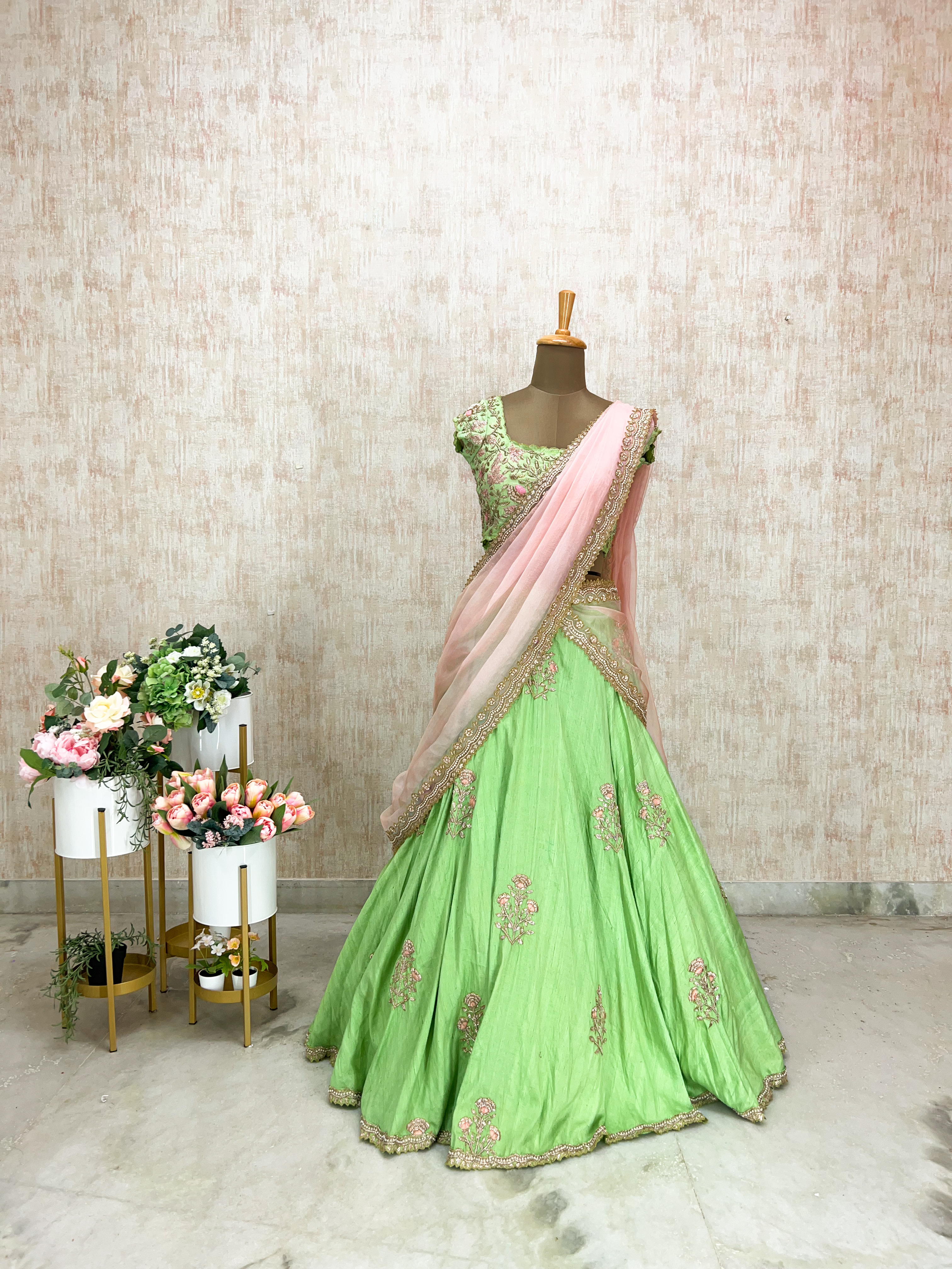 Mint Blossom Embroidered Lehenga with Blush Dupatta