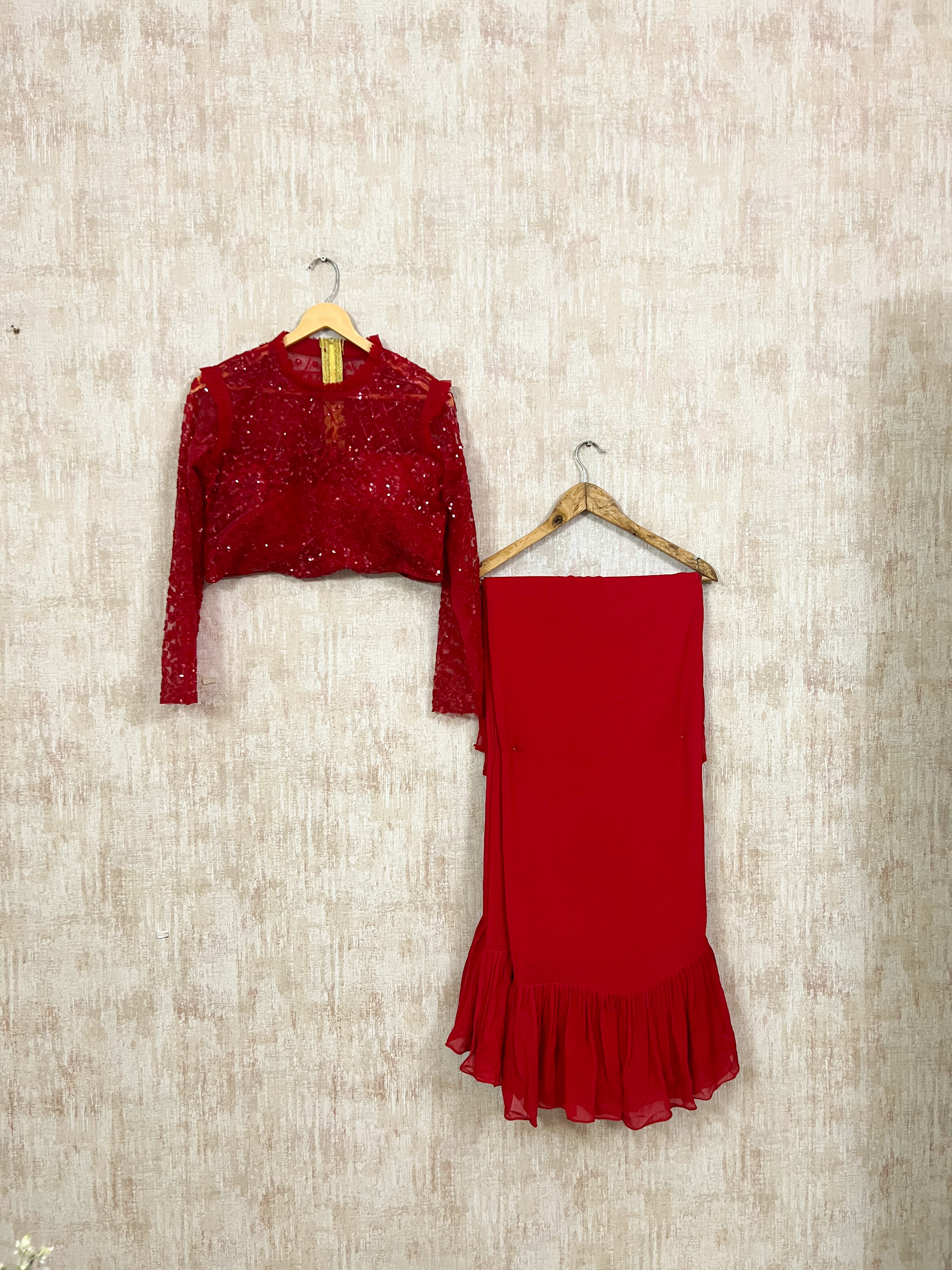 Radiant Red Sequin Blouse with Ruffled Saree Set