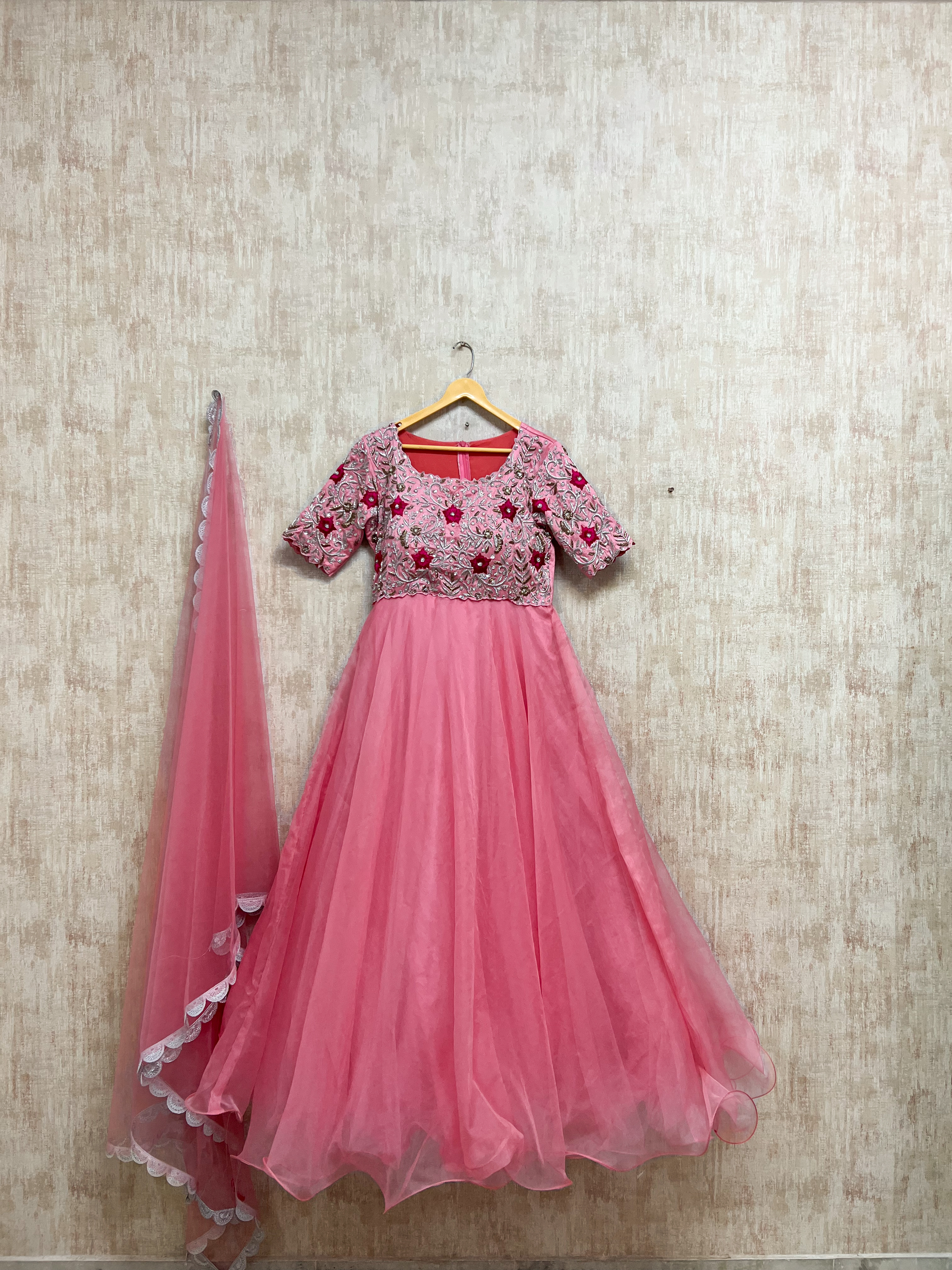 Embroidered Pink Net Lehenga Choli Set