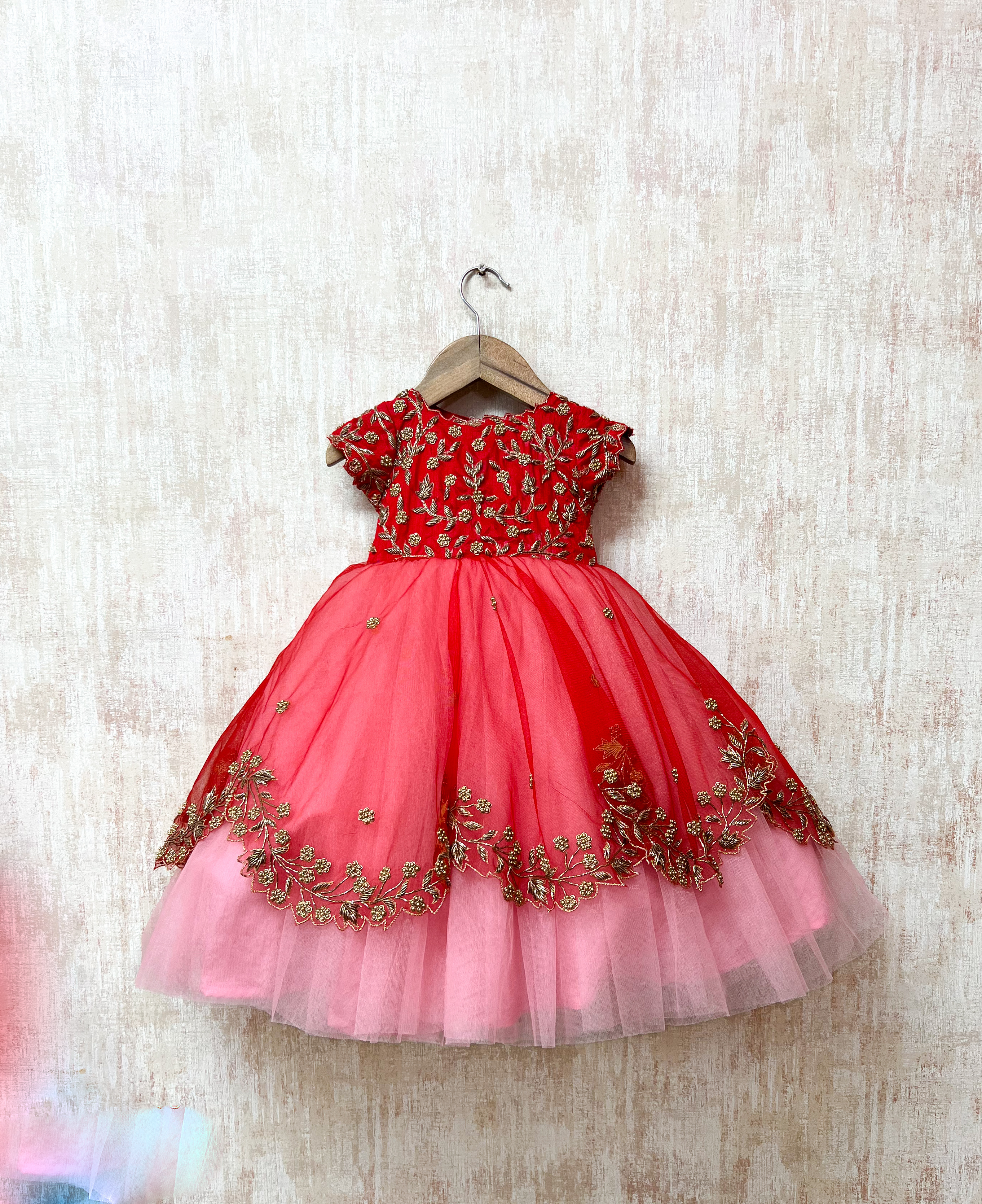 Red & Pink Embroidered Net Frock
