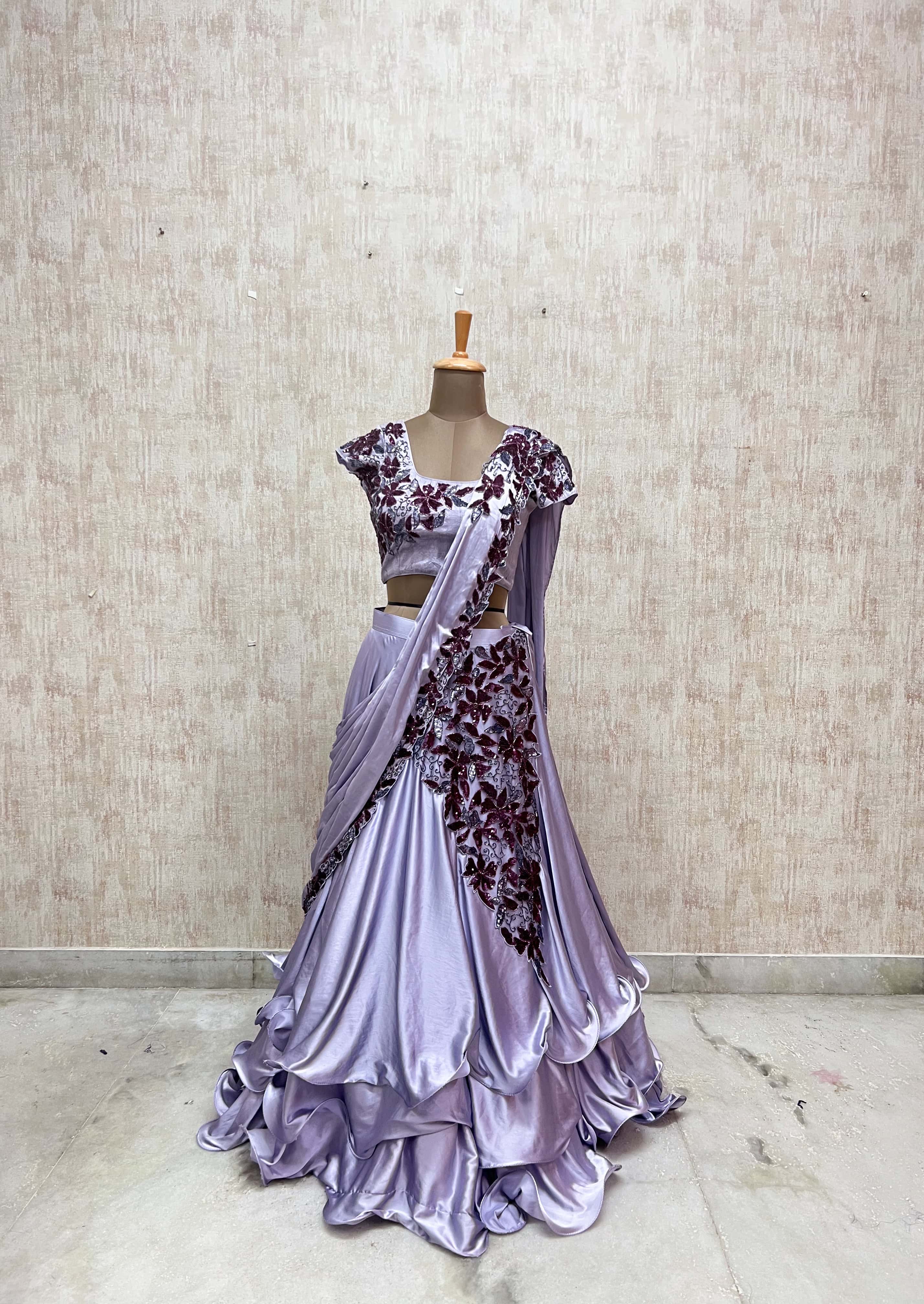 Lavender Satin Silk Embroidered Lehenga Set