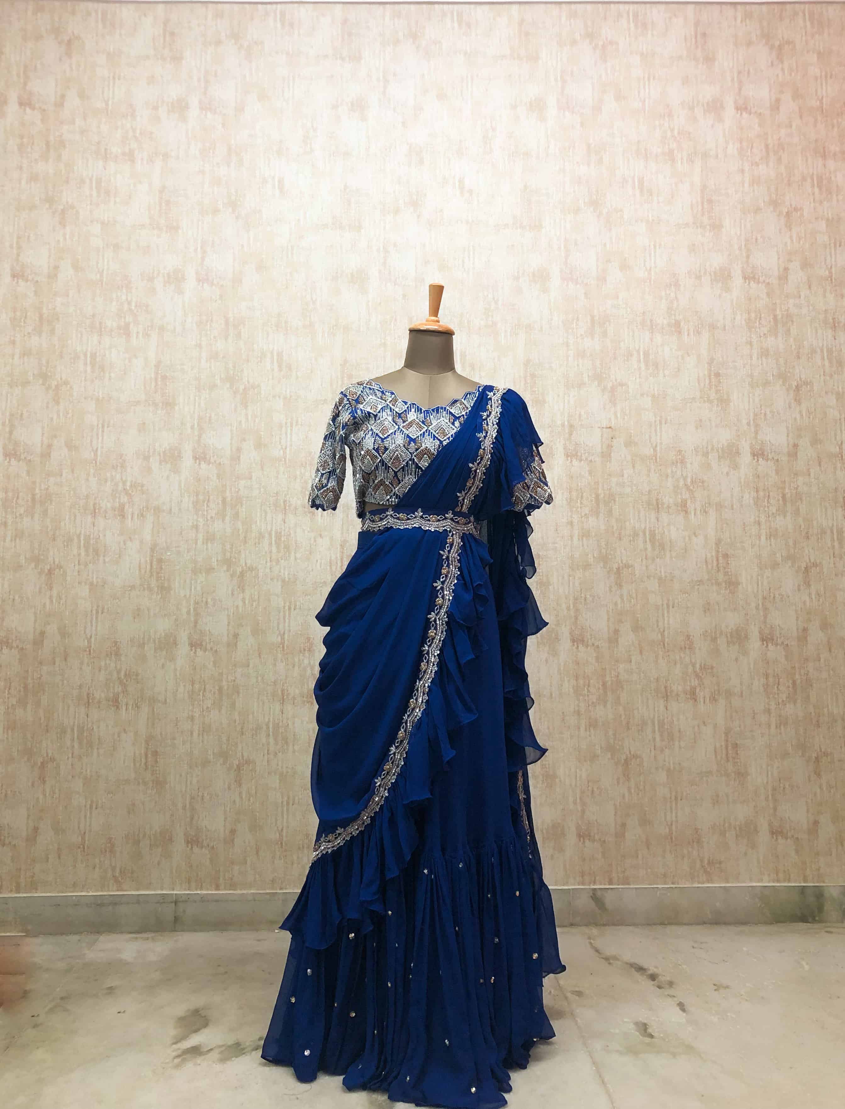 Royal Blue Embroidered Saree Gown
