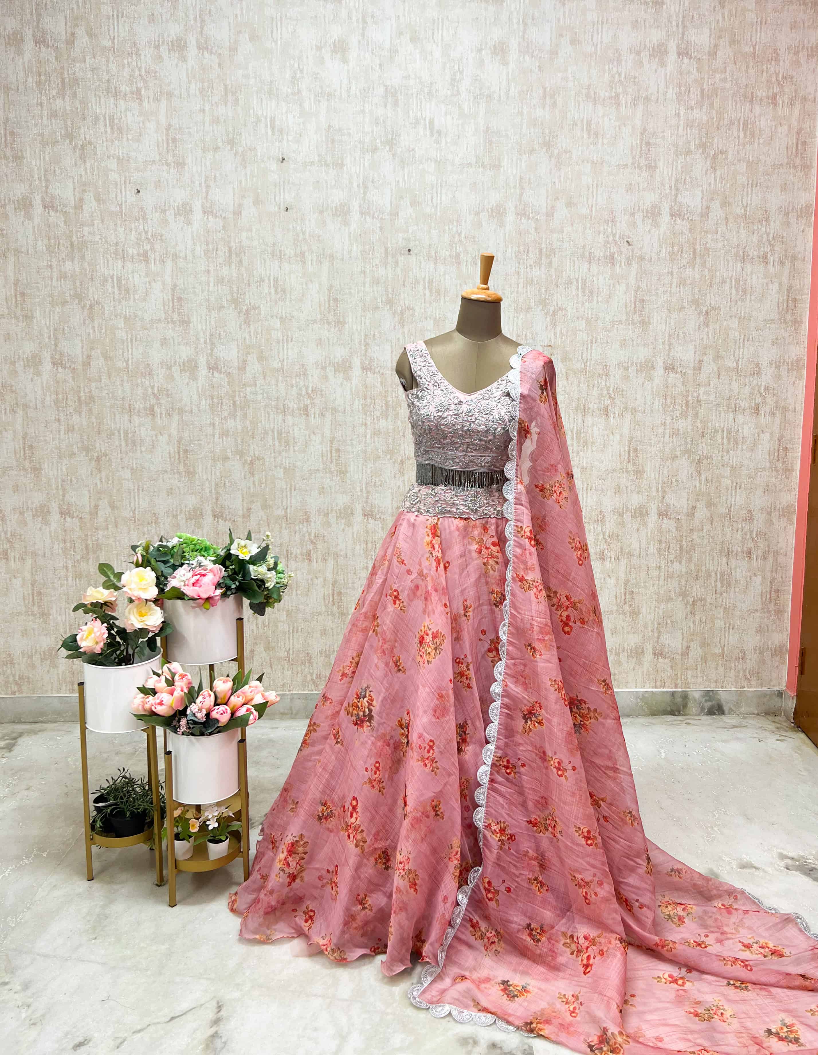 Blush Pink Floral Embroidered Lehenga Set