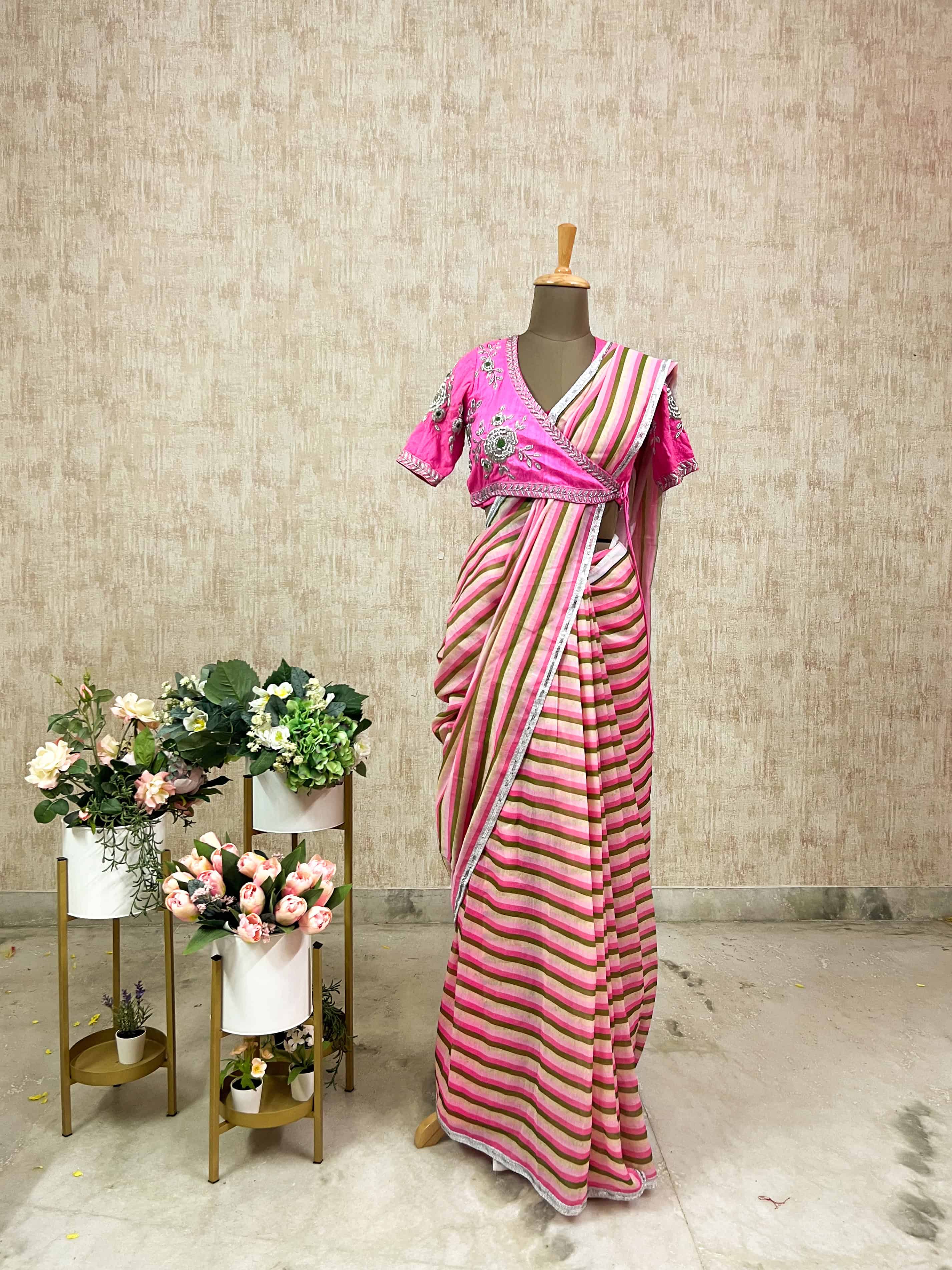 Pink Striped Saree with Embroidered Blouse