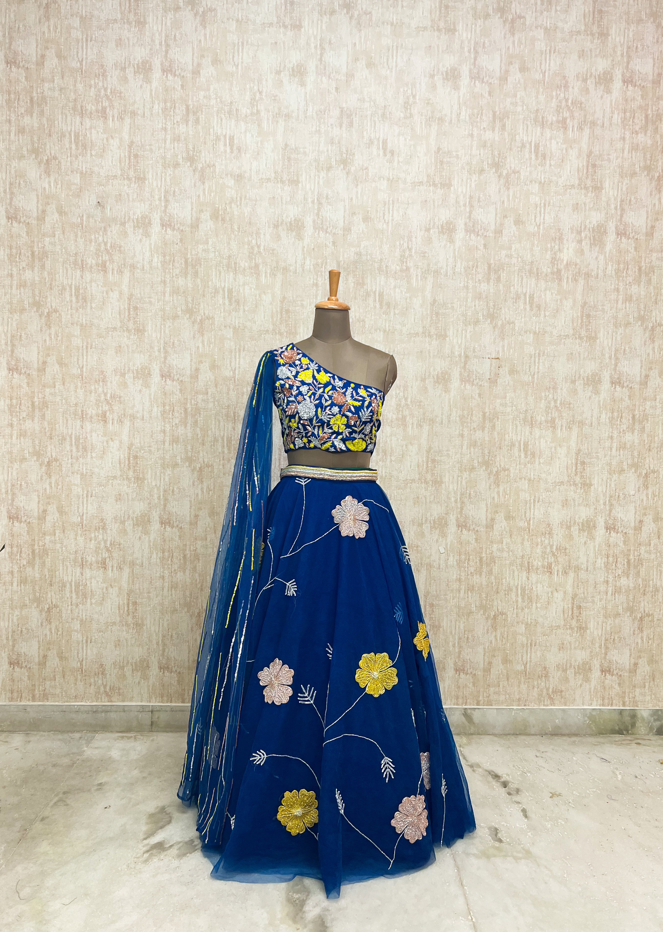 Midnight Blossom single shoulder Lehenga Set