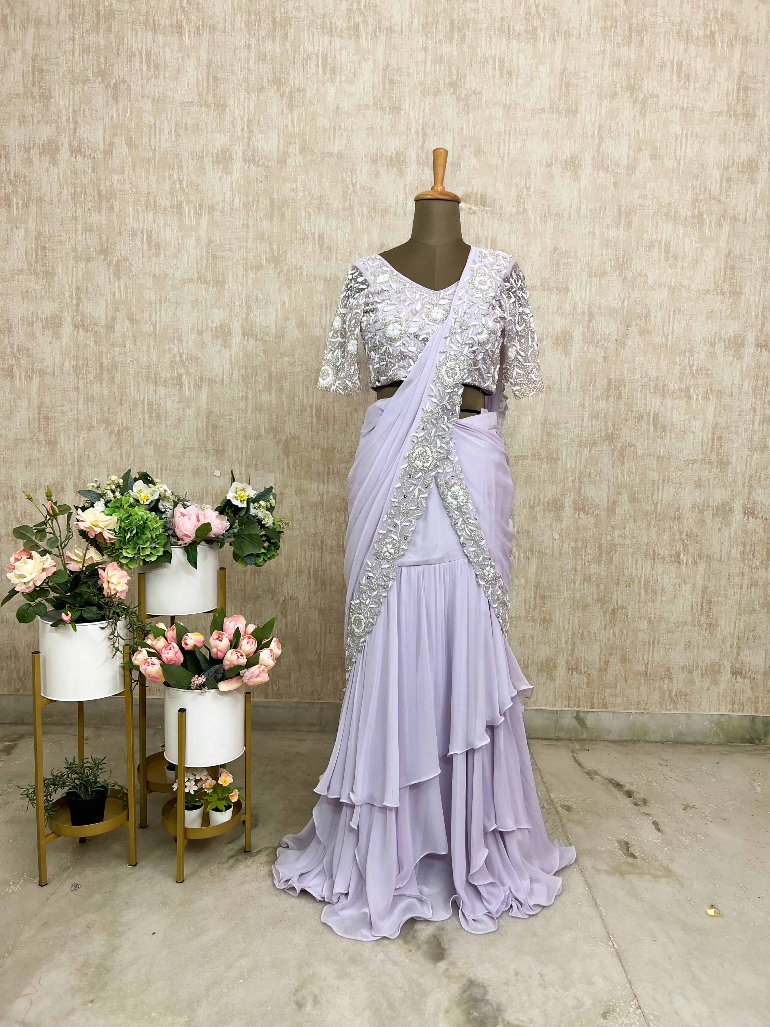 Lilac Embroidered Georgette Saree Set