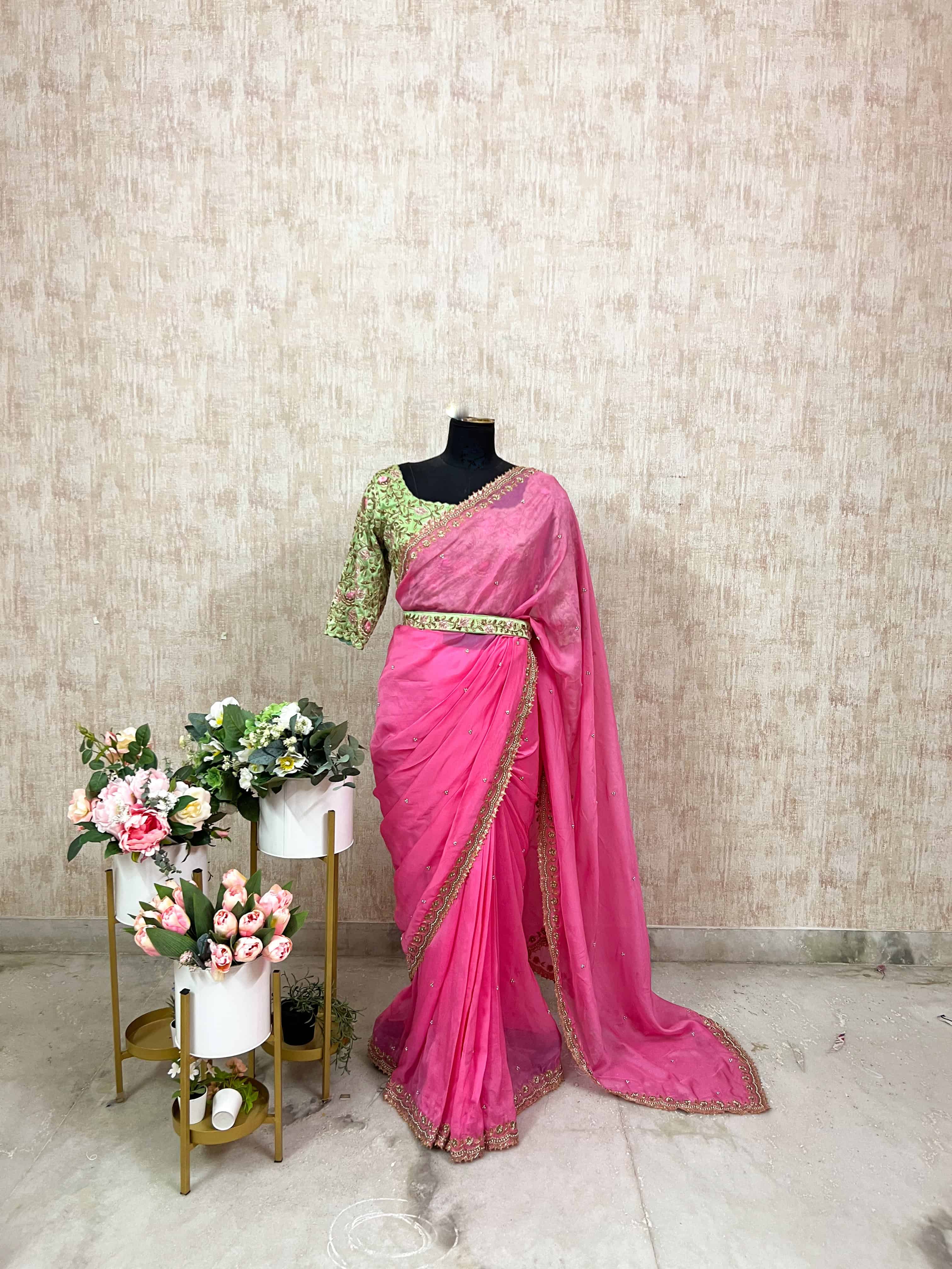 Embroidered Pink Saree Set