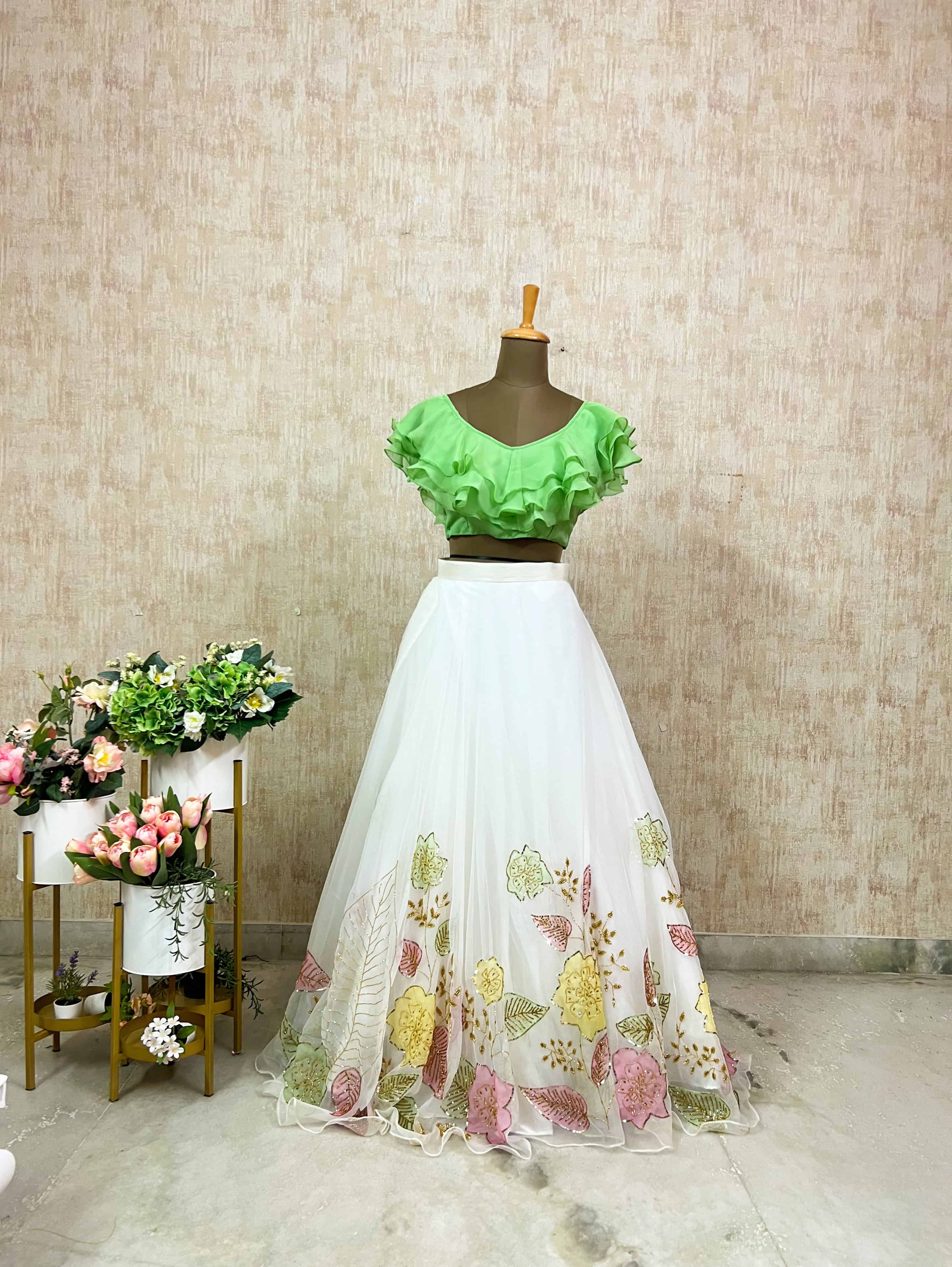 Mint Ruffle Blouse & Pastel Floral Organza Skirt Set