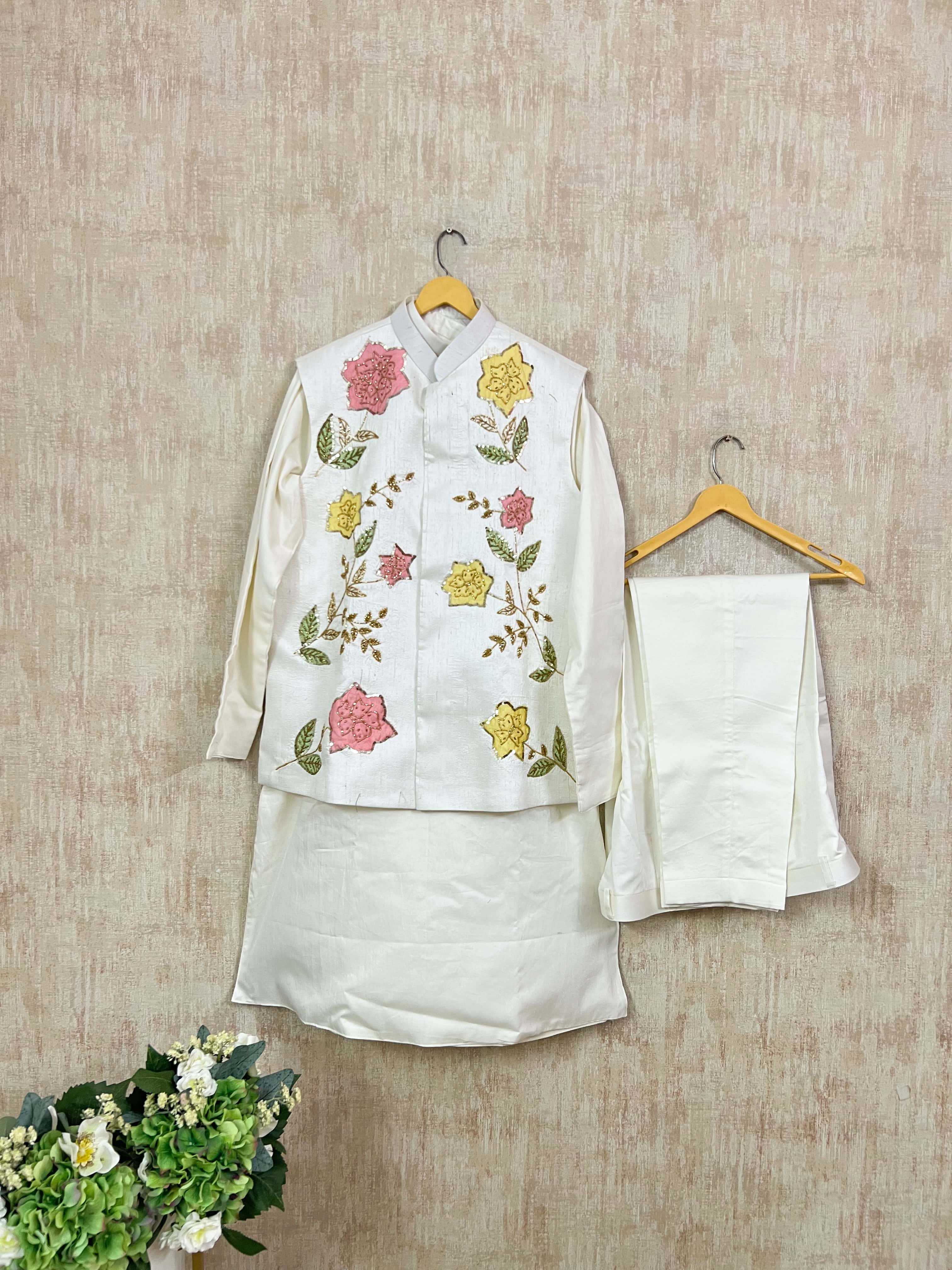 Ivory Floral Embroidered Nehru Jacket Set