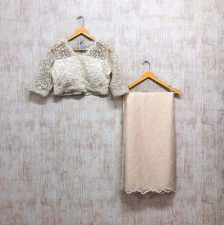 Pearl Beige Embroidered saree Set