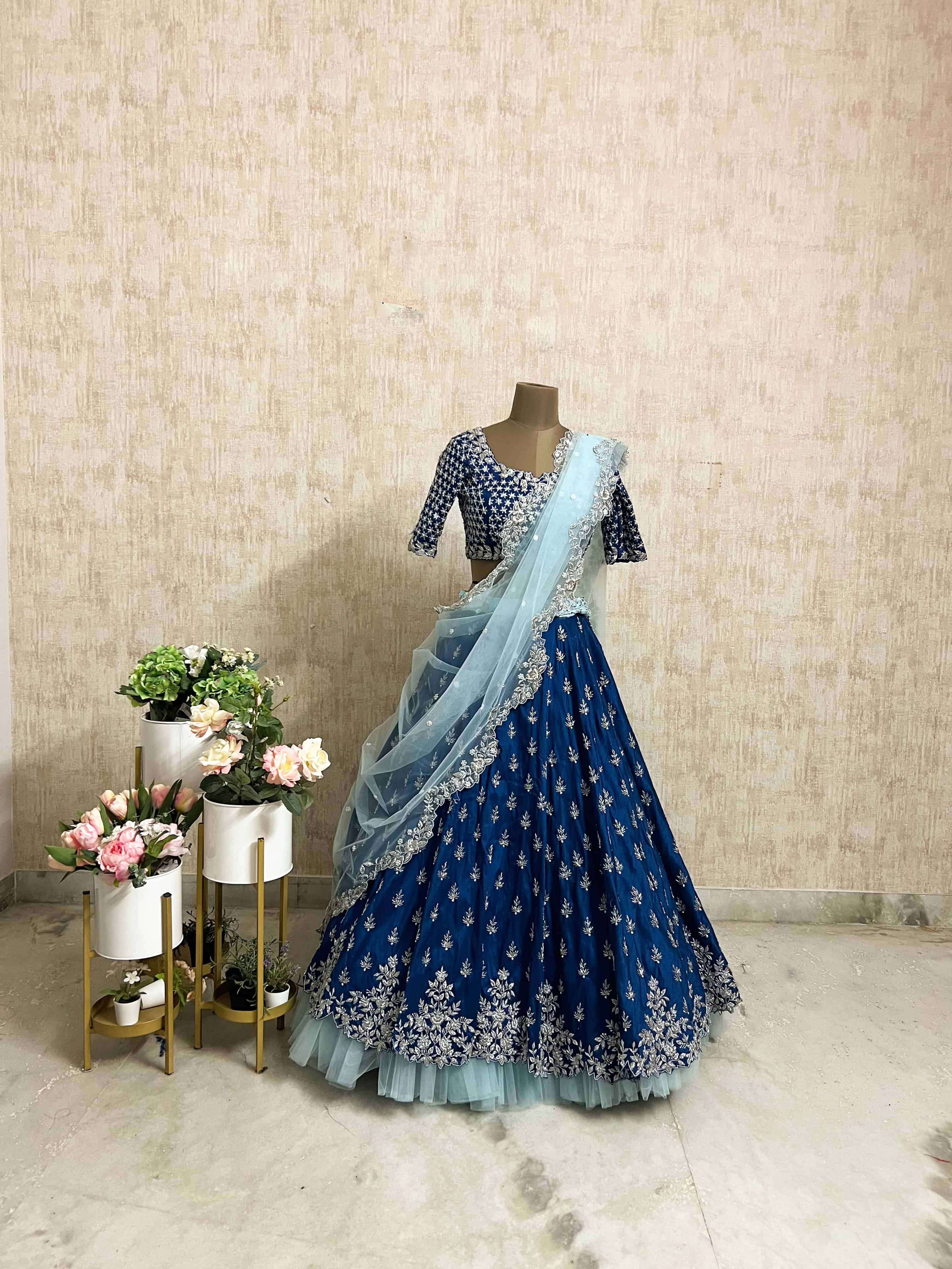Blue Floral Embroidered Net Lehenga Set