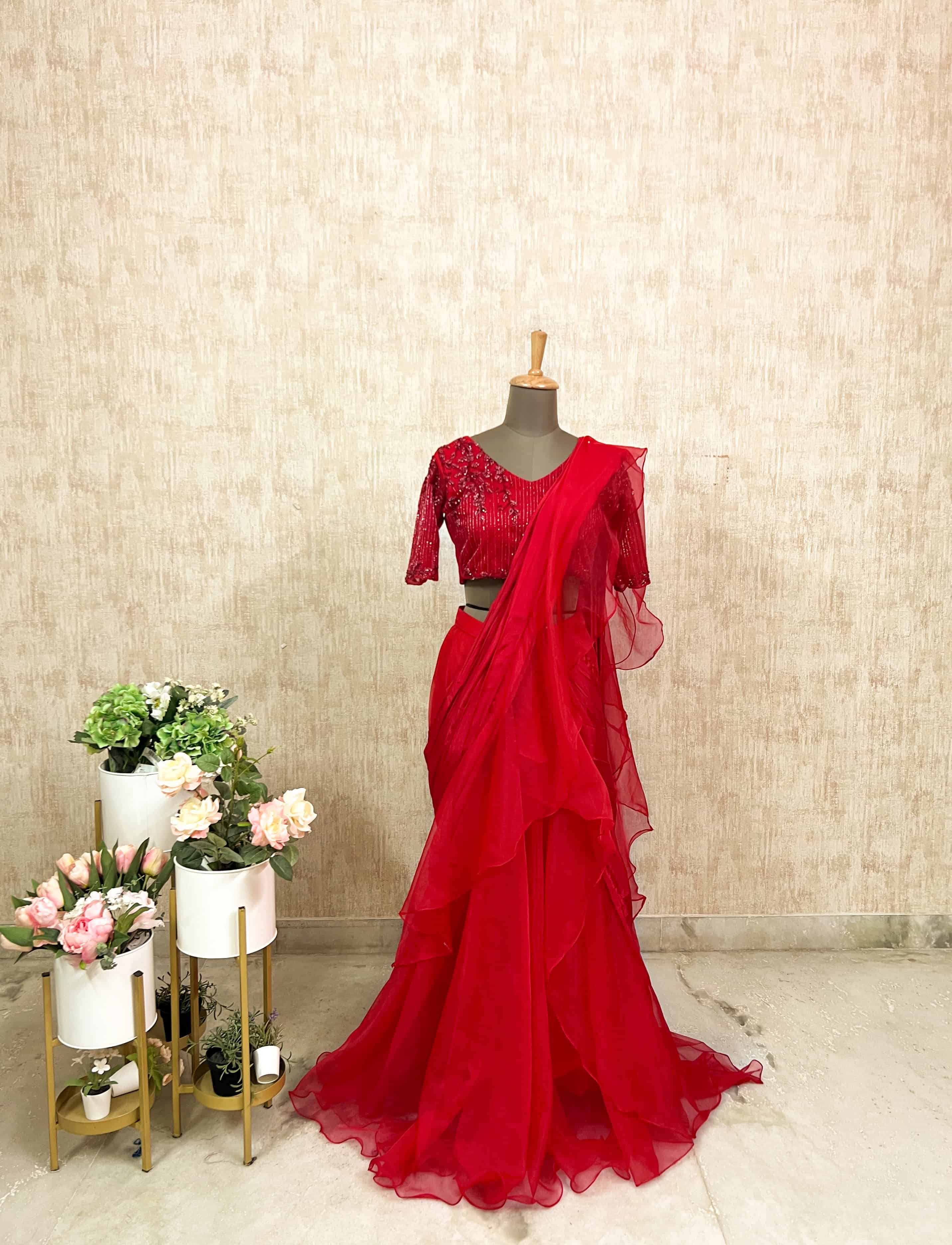 Red Ruffled Organza Saree Set