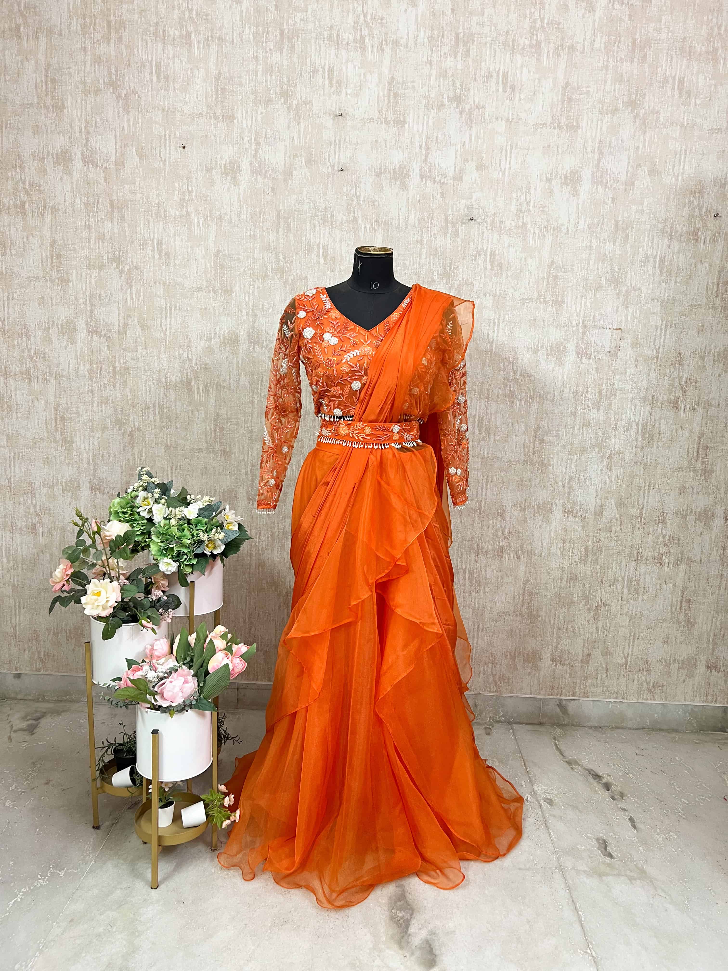 Embroidered Orange Ruffle Saree Gown
