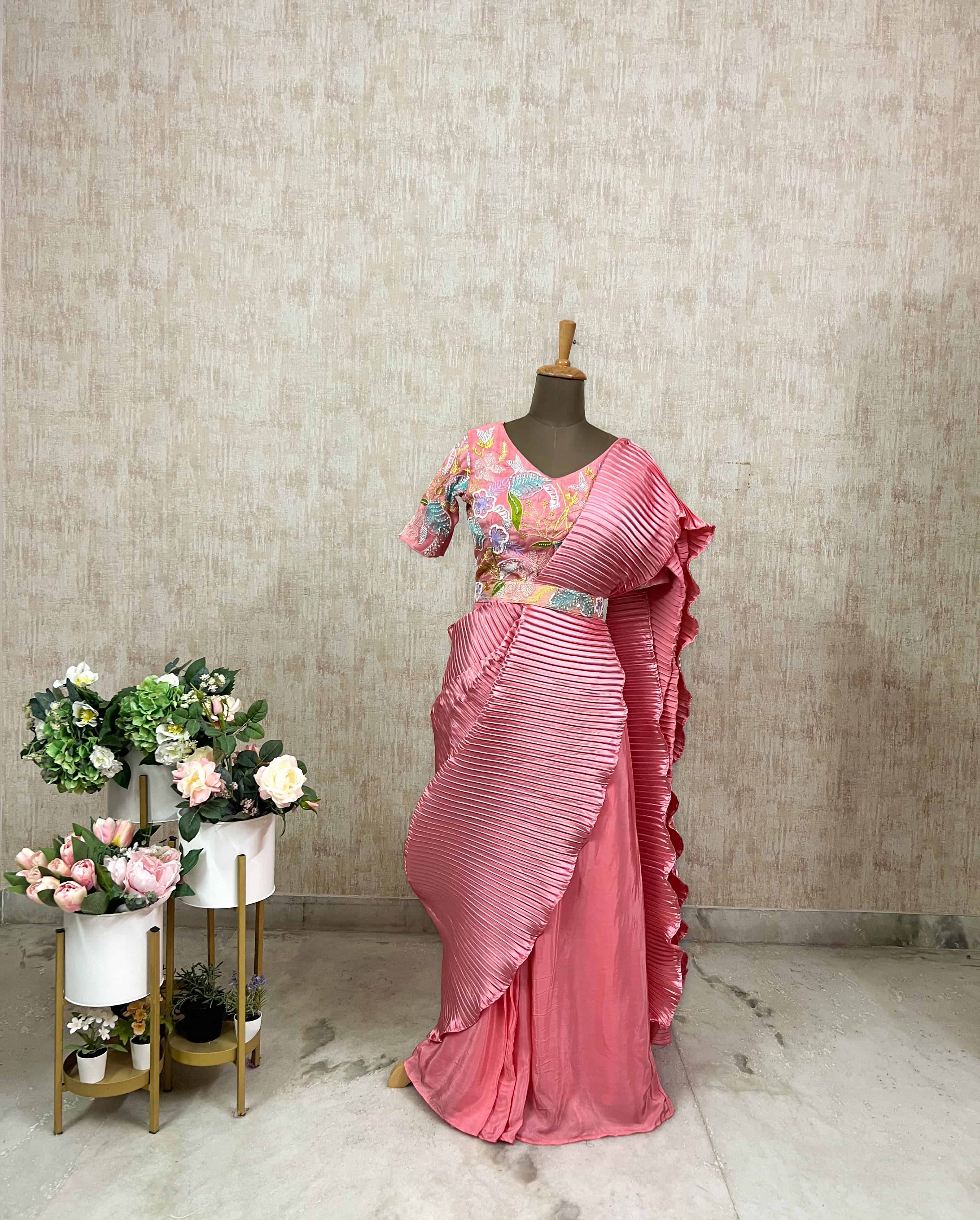 Pink Pleated Saree with Embroidered Blouse