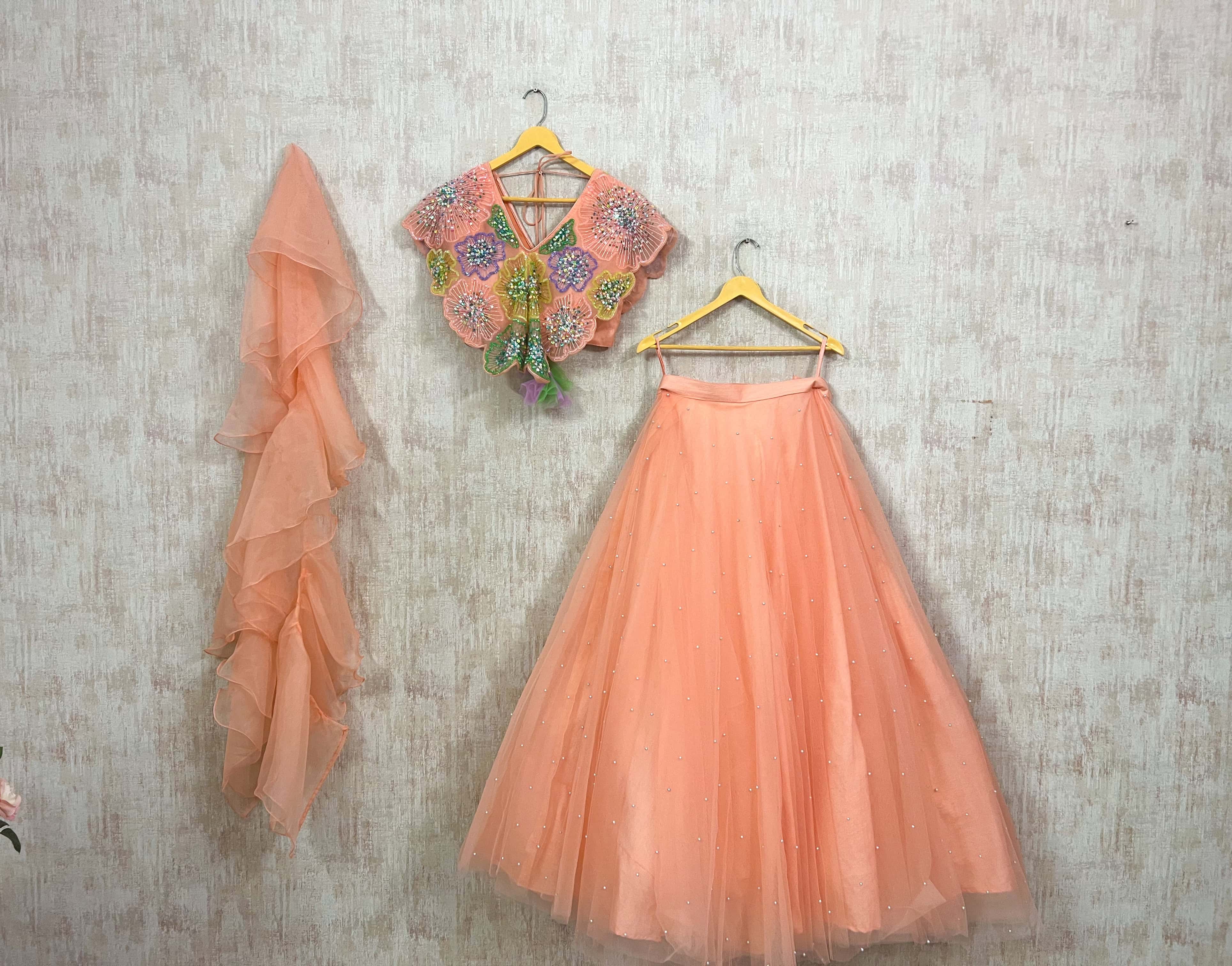 Peach Floral Embellished Lehenga Set
