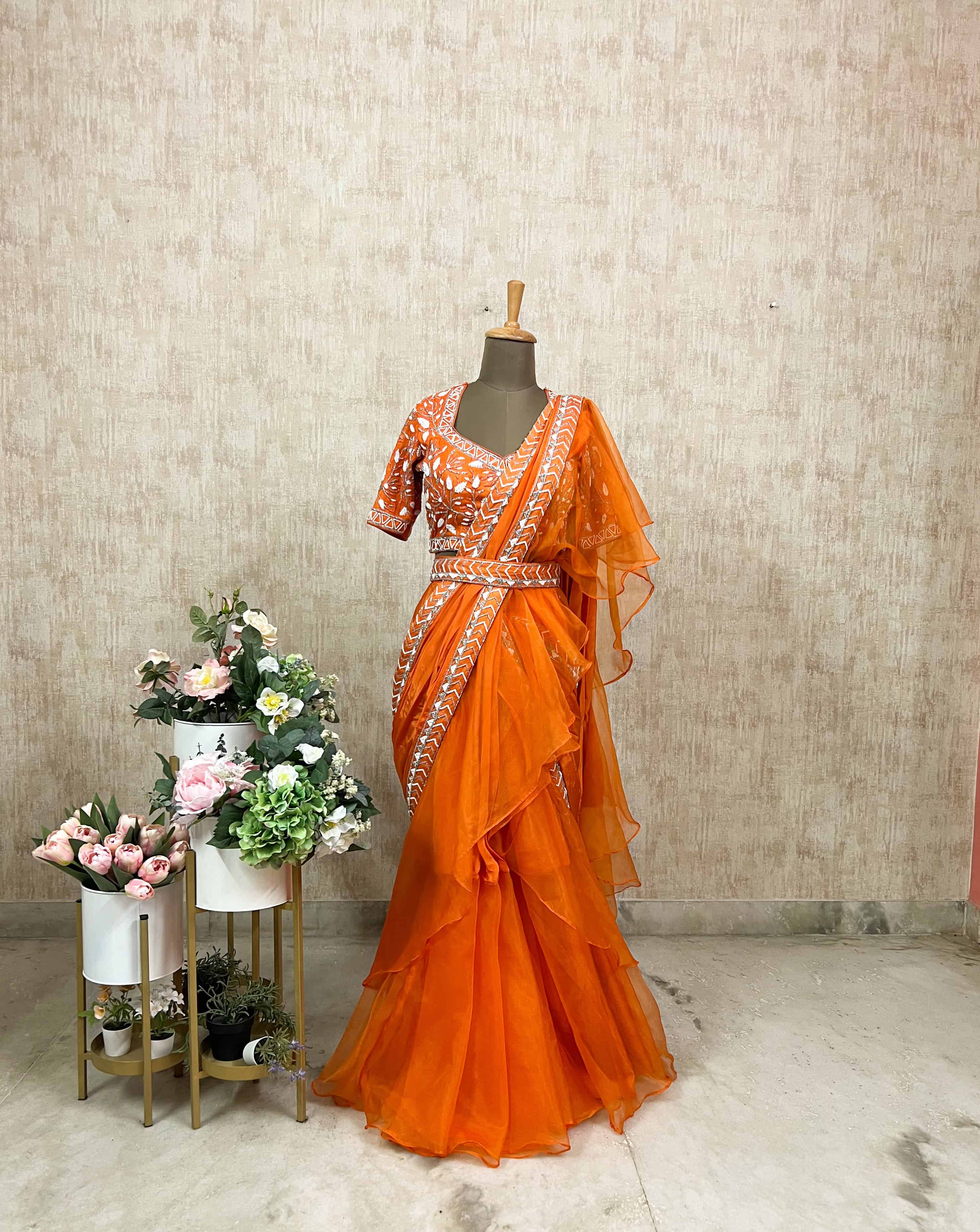 Vibrant Orange Ruffled Saree Set