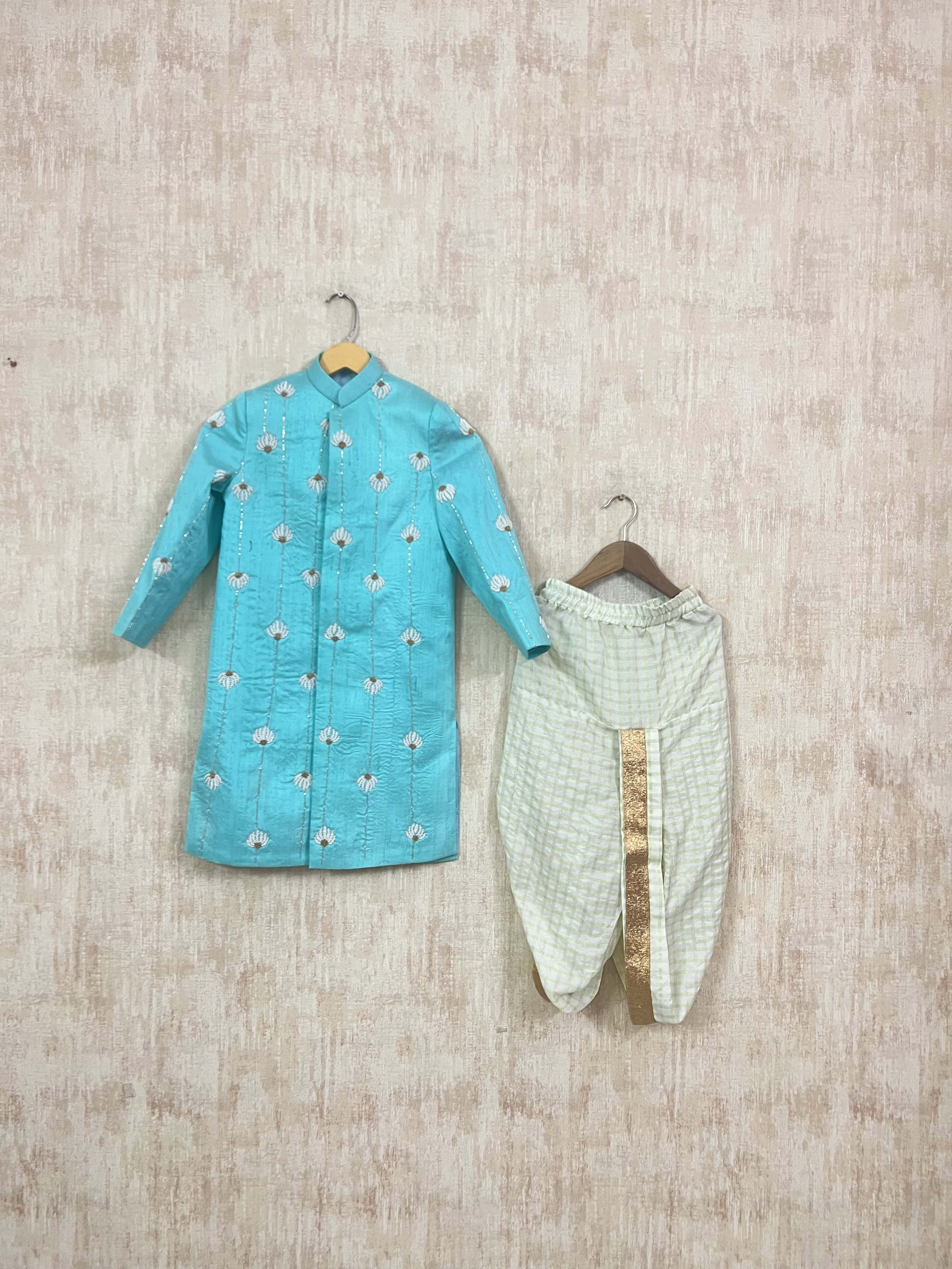 Embroidered Blue Kurta with Cream Dhoti Set