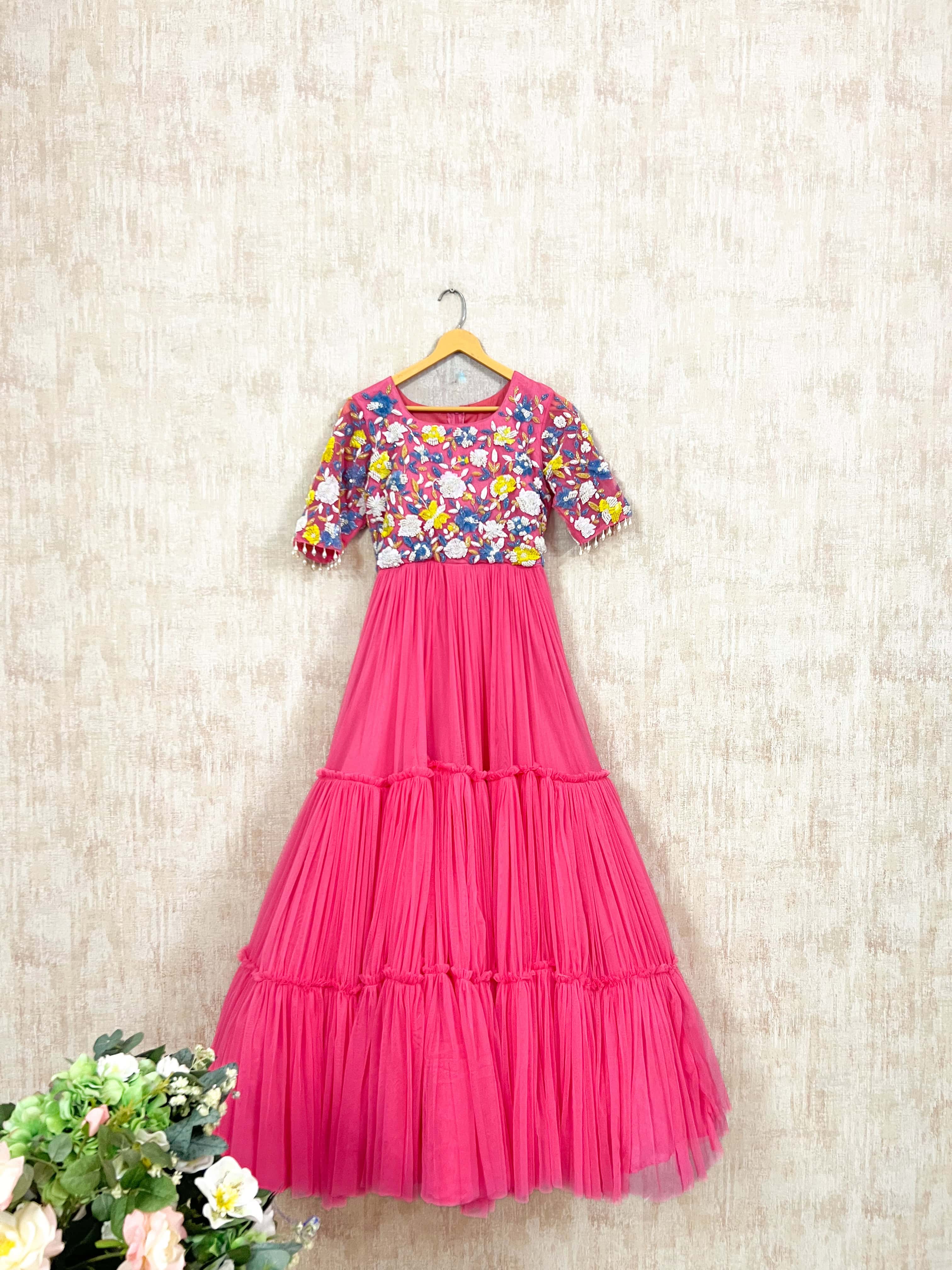 Floral Embroidered Pink Tiered Net Dress