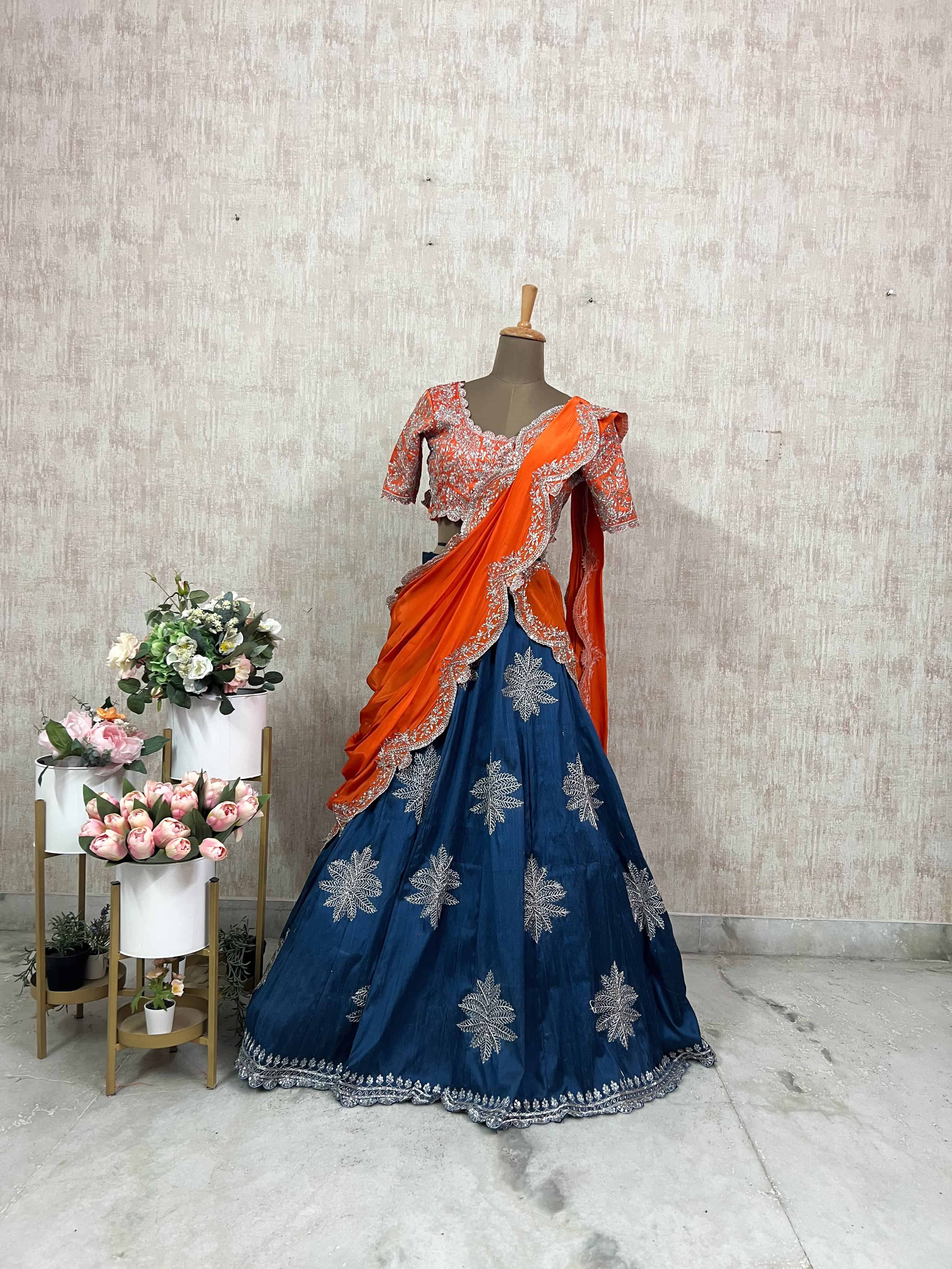 Embroidered Orange and Blue Lehenga Set