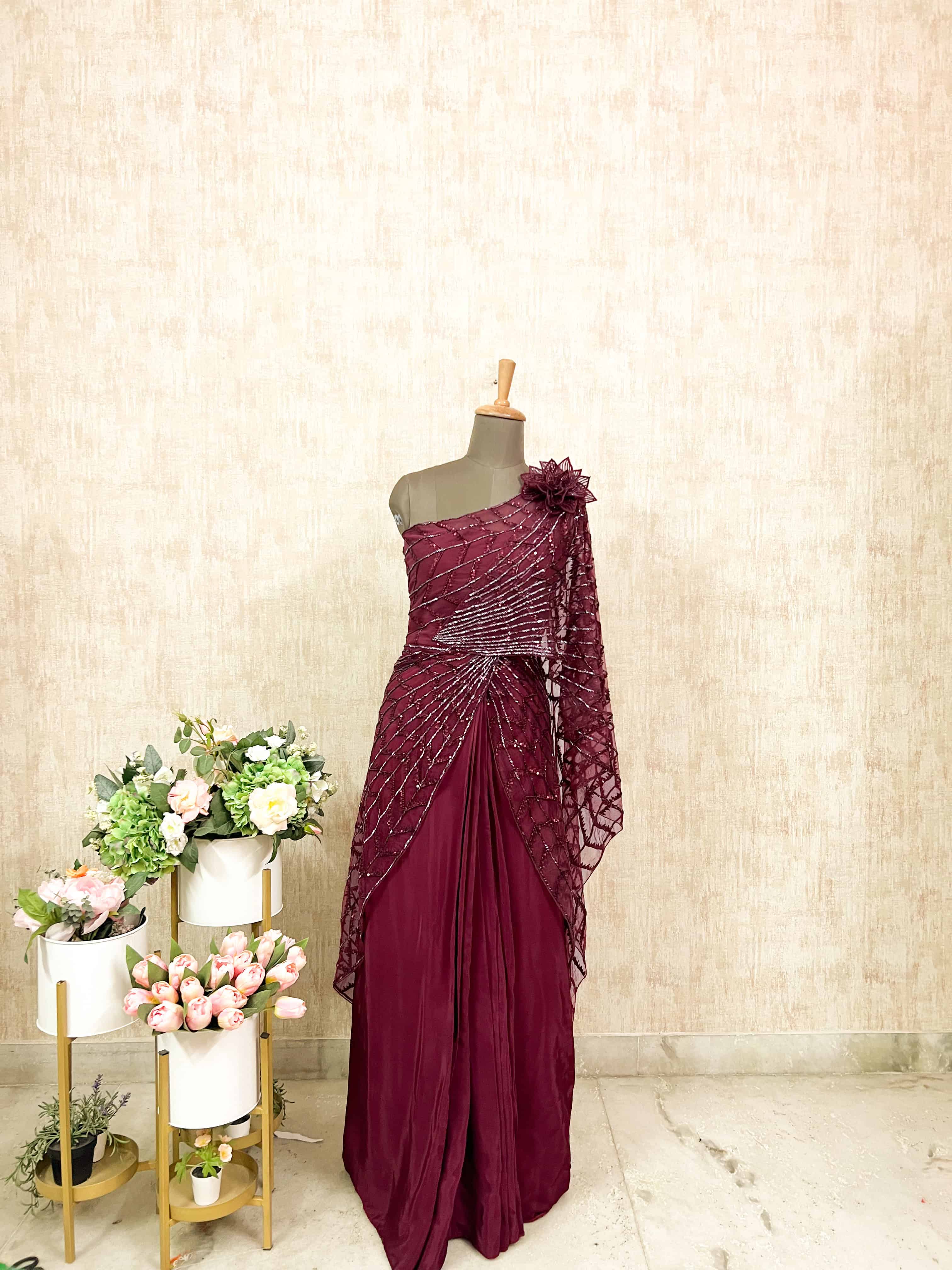 Burgundy Asymmetric Draped Gown