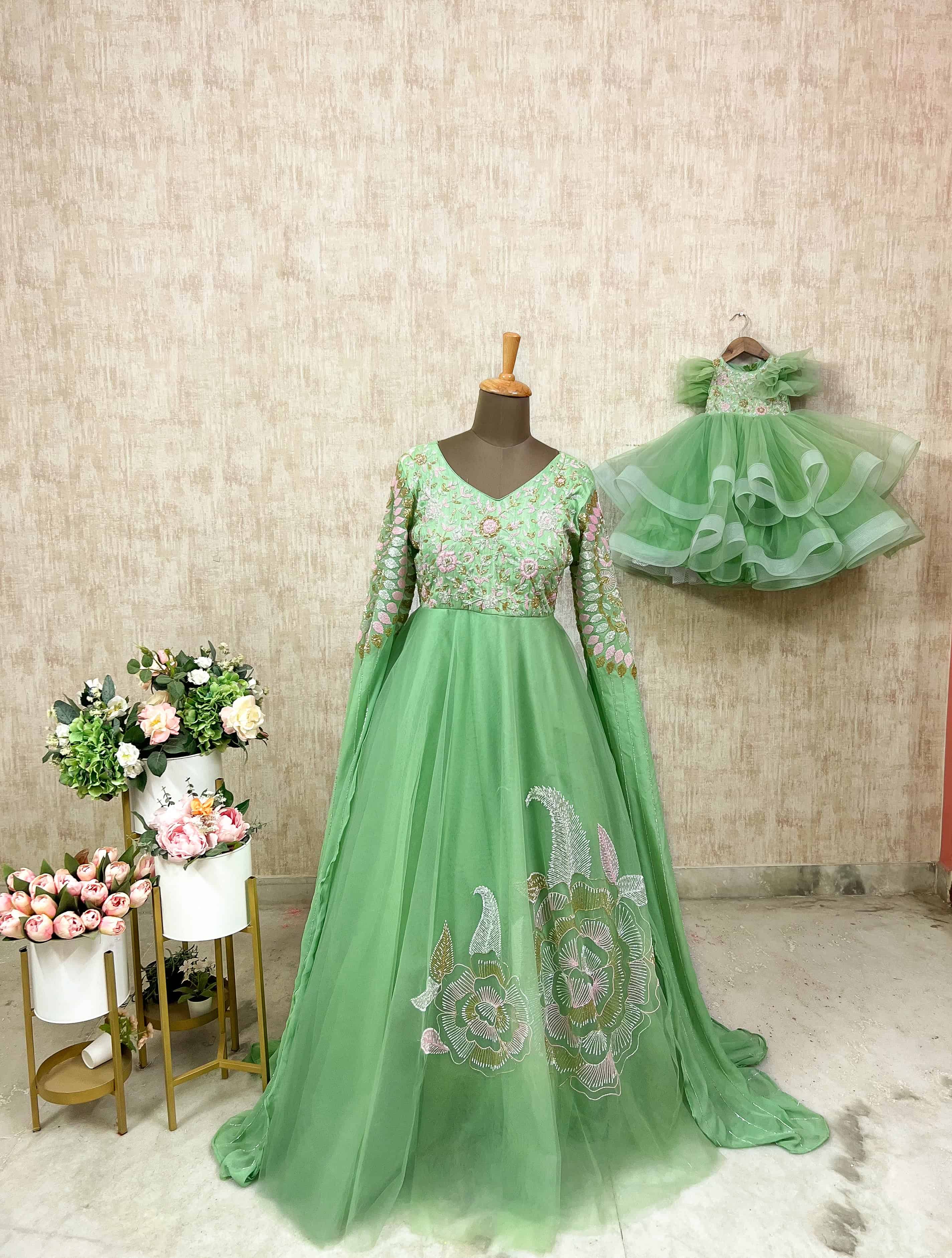 mint green embroidered gown set