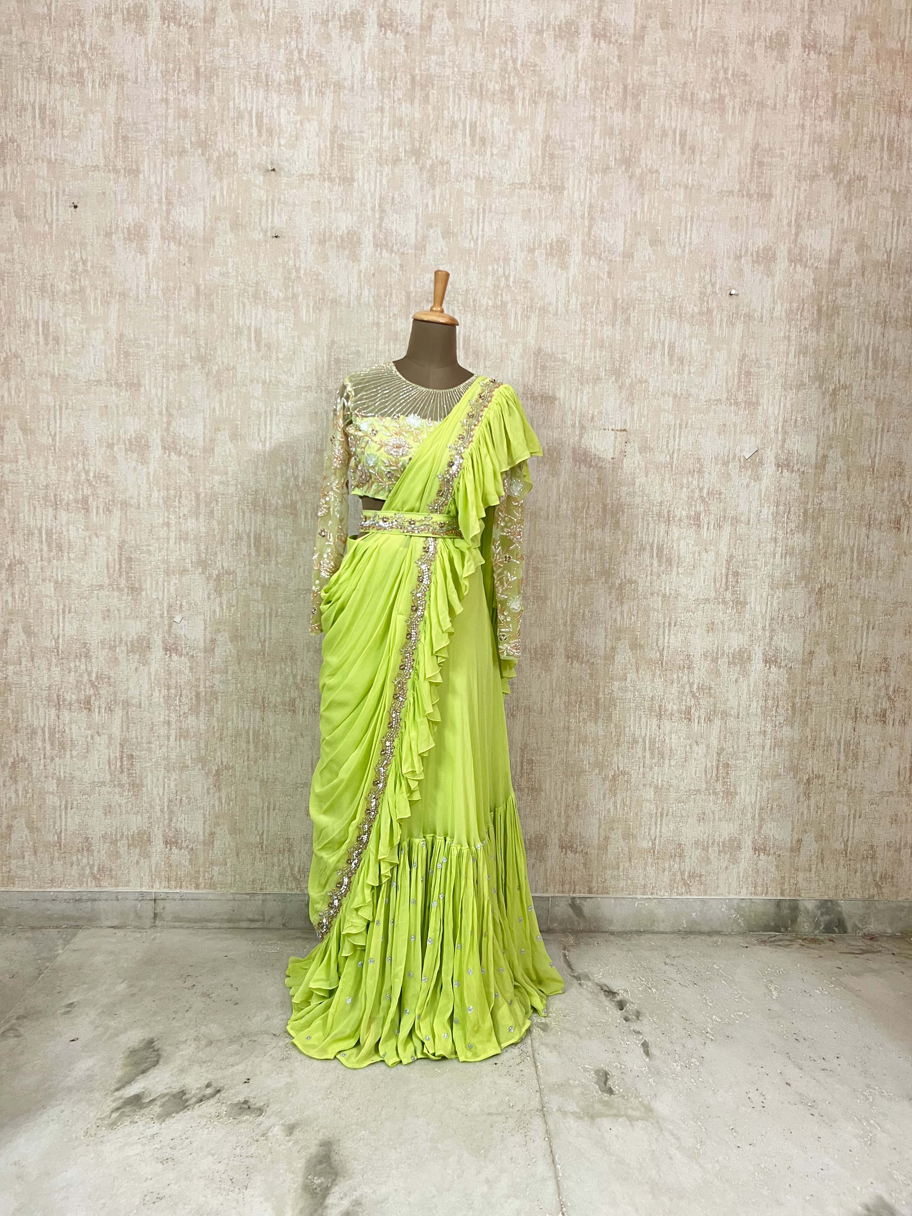 Lime Ruffle Embellished Saree Gown
