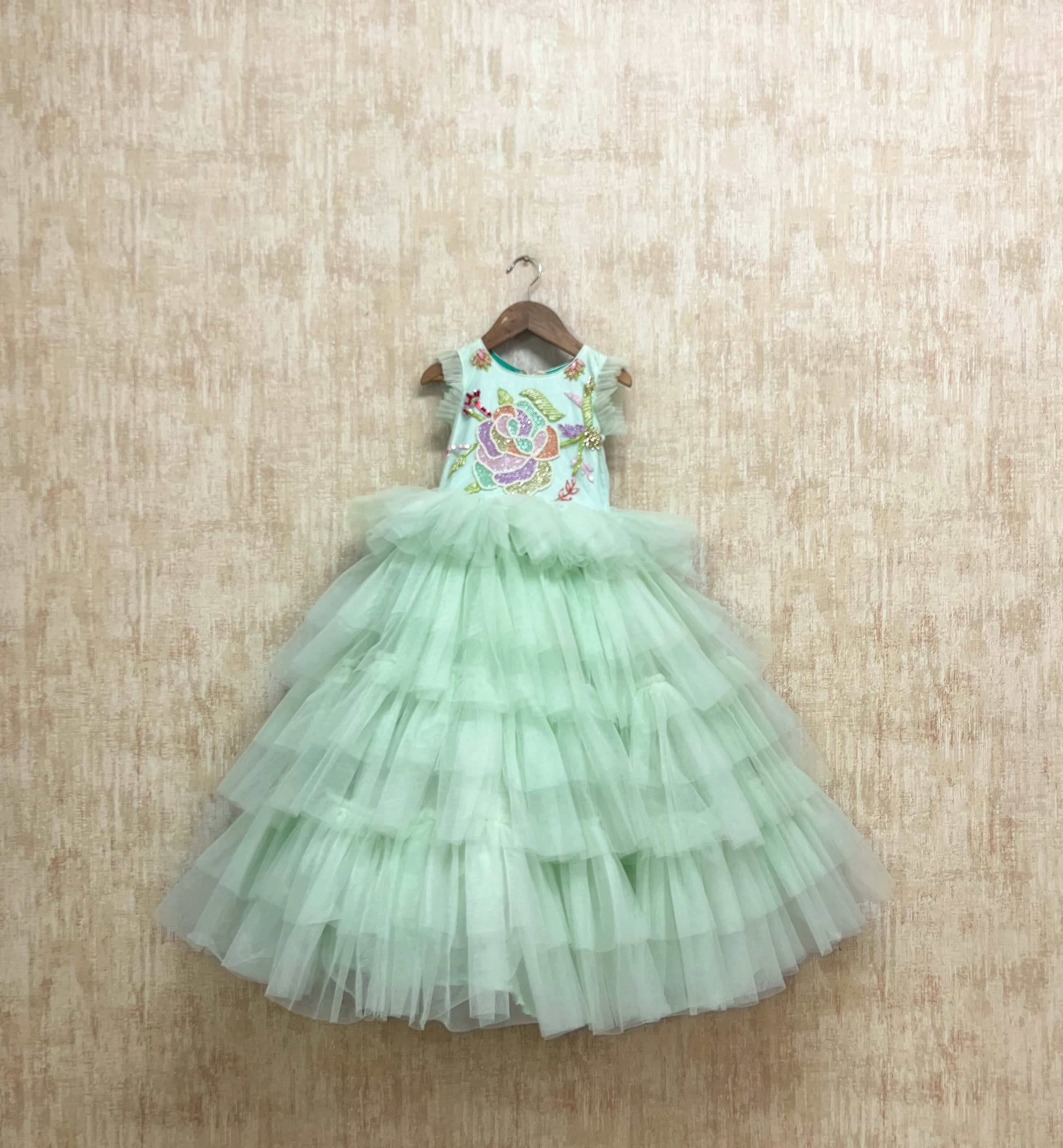 Mint Green Floral Tiered Gown