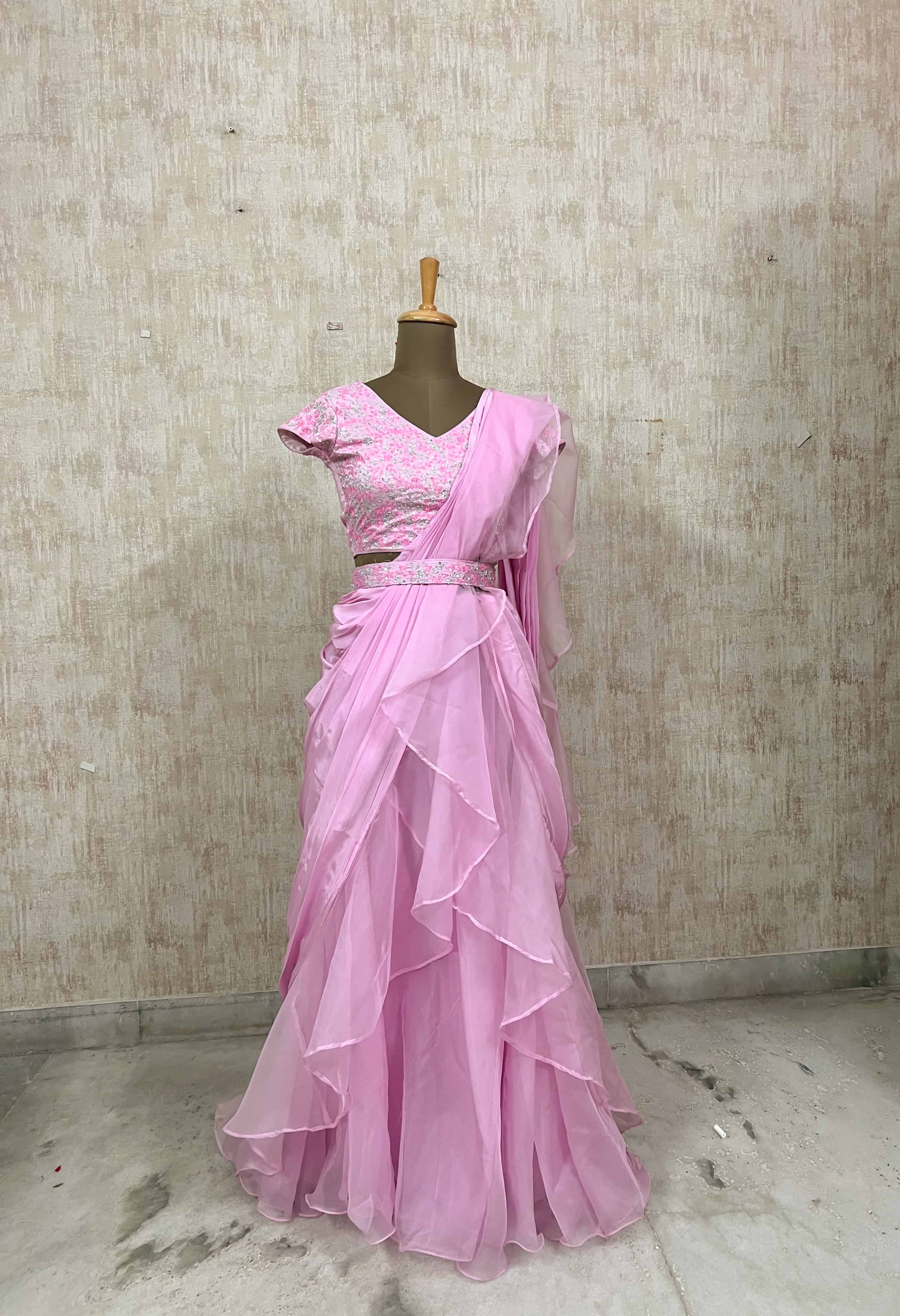 Pastel Pink Ruffled saree Set