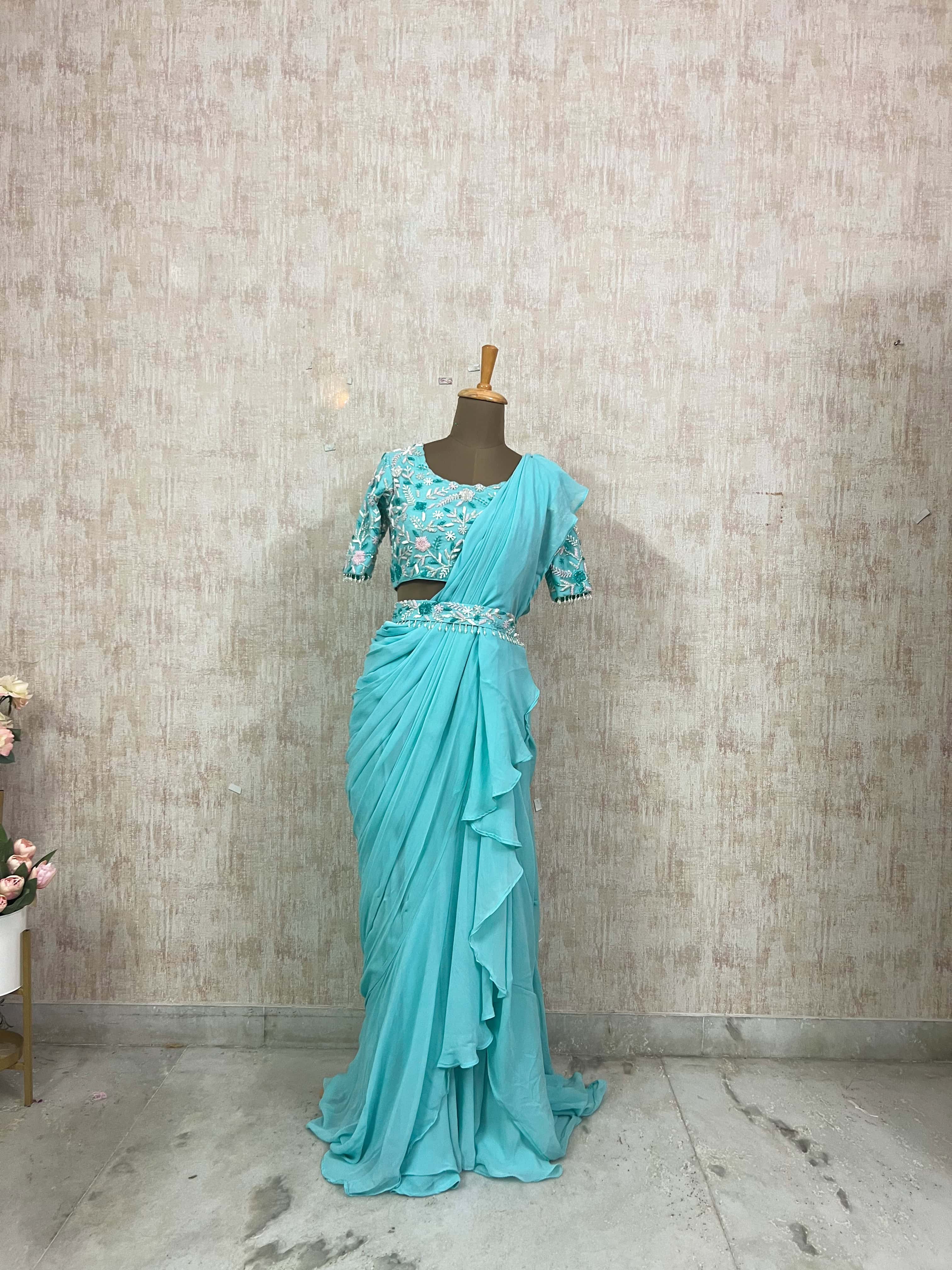 Ethereal Mint Blue Draped Saree Set