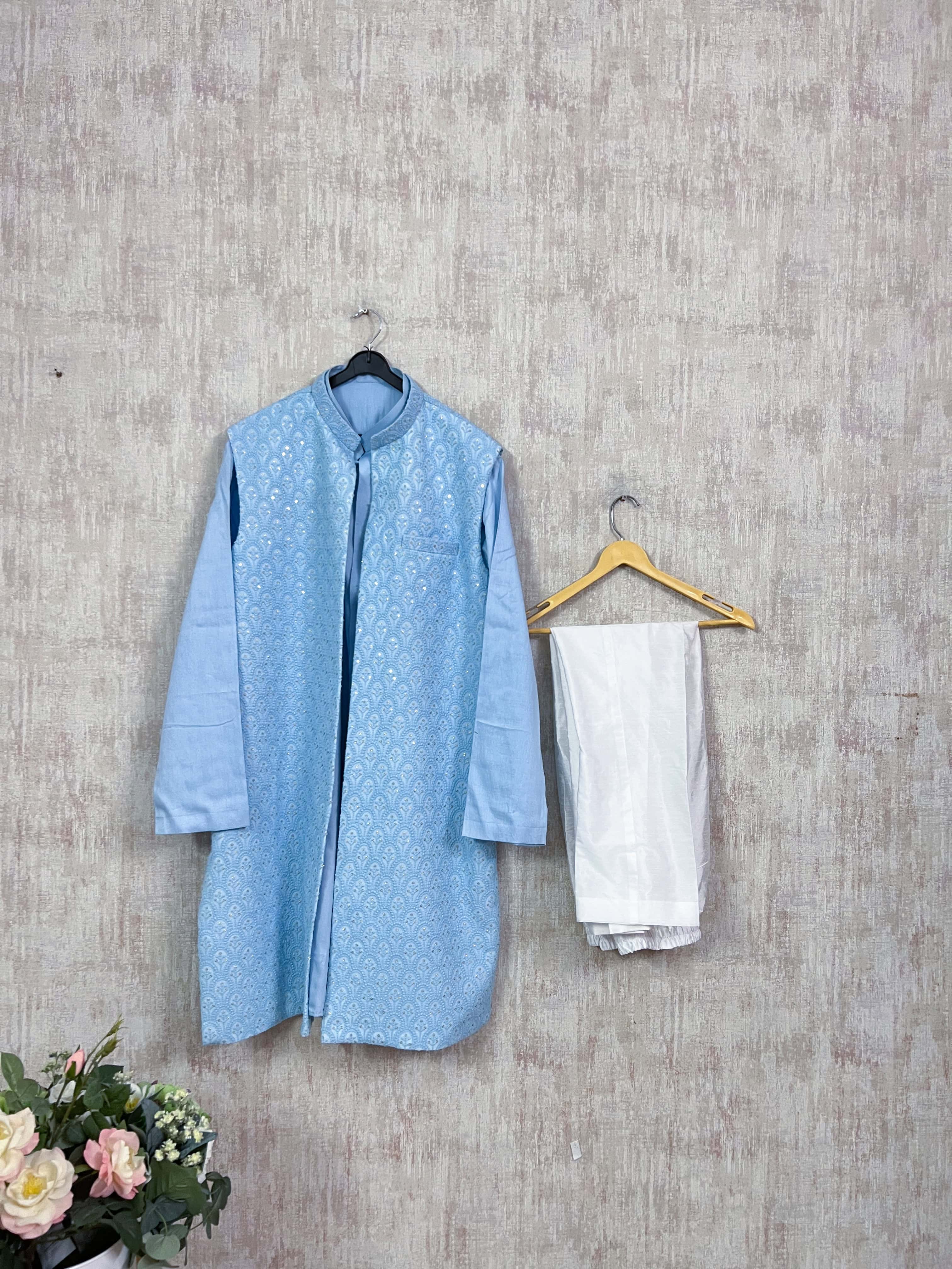 Sky Blue Kurta & Embroidered Nehru Jacket Set