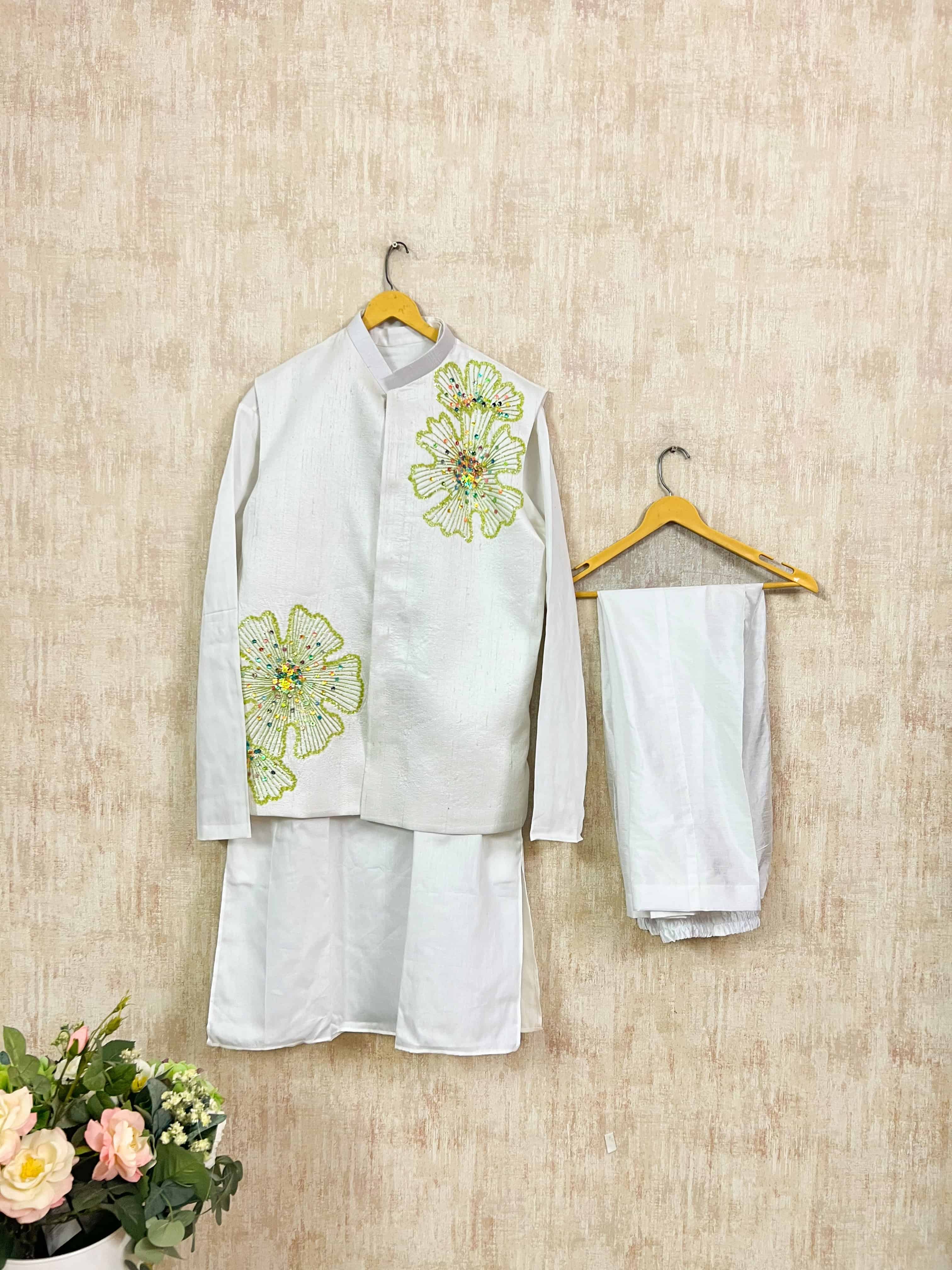 Mint Floral Embroidered Kurta-Jacket Set