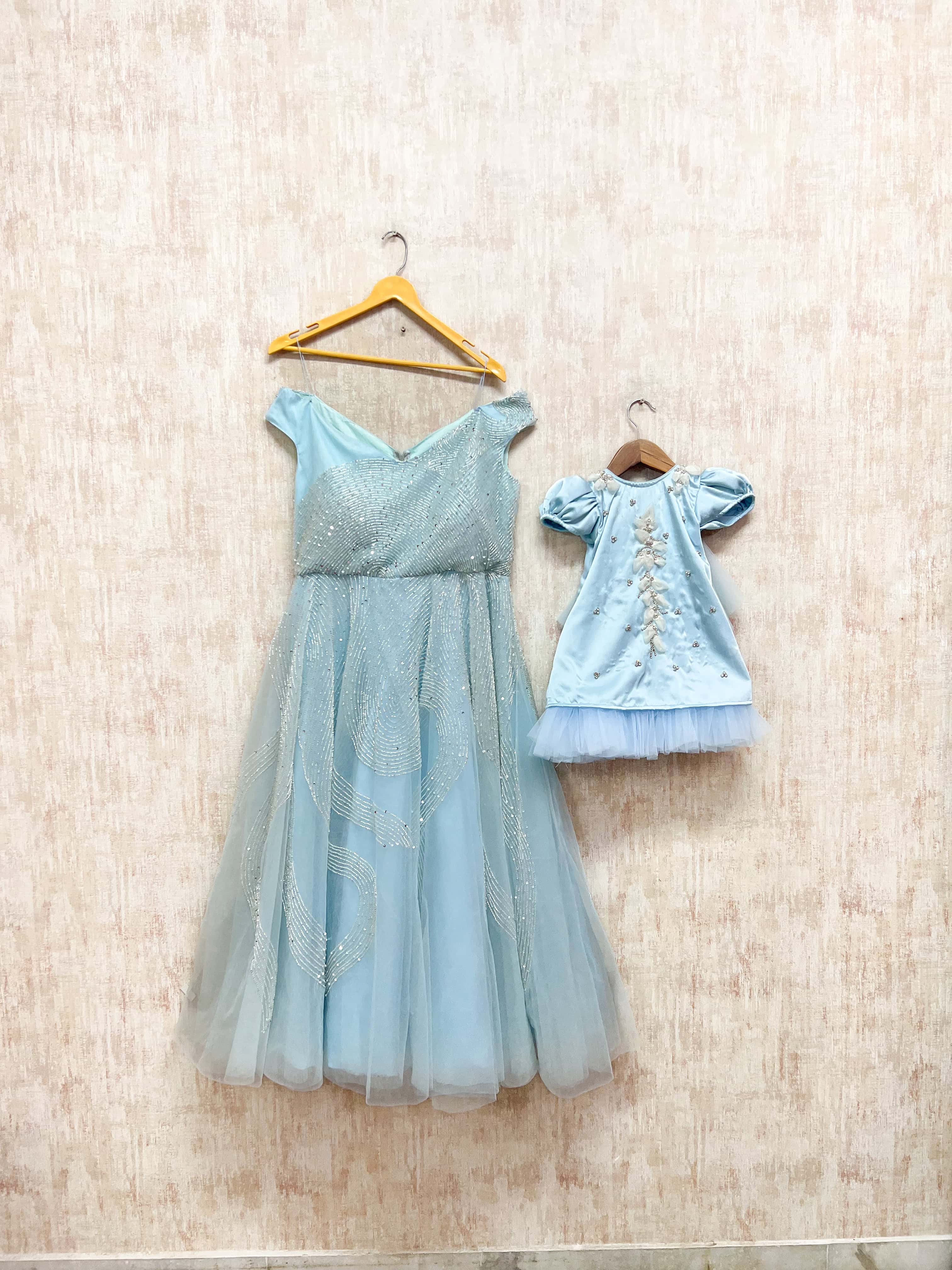 Elegant Sky Blue Sequin Gown Set
